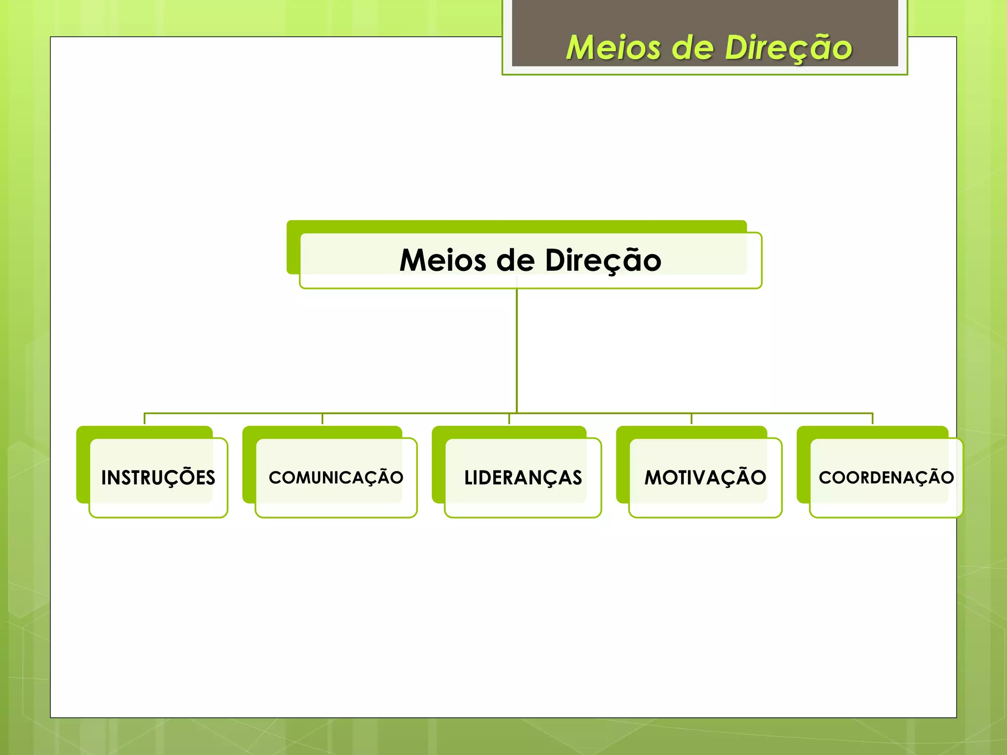 Meios de Direção
Meios de Direção
INSTRUÇÕES COMUNICAÇÃO LIDERANÇAS MOTIVAÇÃO COORDENAÇÃO
 
