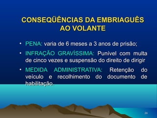 CONSEQÜÊNCIAS DA EMBRIAGUÊS
AO VOLANTE
• PENA: varia de 6 meses a 3 anos de prisão;
• INFRAÇÃO GRAVÍSSIMA: Punível com multa
de cinco vezes e suspensão do direito de dirigir
• MEDIDA ADMINISTRATIVA: Retenção do
veículo e recolhimento do documento de
habilitação.

24

 