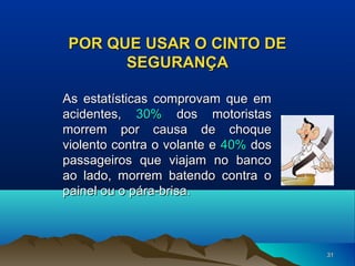 POR QUE USAR O CINTO DE
SEGURANÇA
As estatísticas comprovam que em
acidentes, 30% dos motoristas
morrem por causa de choque
violento contra o volante e 40% dos
passageiros que viajam no banco
ao lado, morrem batendo contra o
painel ou o pára-brisa.

31

 