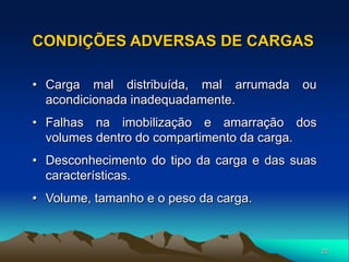 20
• Carga mal distribuída, mal arrumada ou
acondicionada inadequadamente.
• Falhas na imobilização e amarração dos
volumes dentro do compartimento da carga.
• Desconhecimento do tipo da carga e das suas
características.
• Volume, tamanho e o peso da carga.
CONDIÇÕES ADVERSAS DE CARGAS
 
