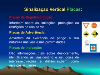 72
Placas de Regulamentação:
Informam sobre as limitações, proibições ou
restrições no uso da via.
Placas de Advertência:
Advertem da existência de perigo e sua
natureza nas vias e nas proximidades
Placas de Indicação::
Dão informações úteis sobre deslocamento,
identificando as vias,destino e os locais de
interesse,direções e distâncias,bem como
serviços auxiliares
Sinalização Vertical Placas:
 