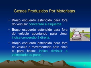 80
Gestos Produzidos Por Motoristas
• Braço esquerdo estendido para fora
do veículo: conversão à esquerda.
• Braço esquerdo estendido para fora
do veículo apontando para cima:
indica conversão à direita.
• Braço esquerdo estendido para fora
do veículo e movimentado para cima
e para baixo: indica diminuir a
velocidade ou parar.
 
