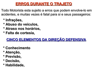 ERROS DURANTE O TRAJETOERROS DURANTE O TRAJETO
Todo Motorista esta sujeito a erros que podem envolve-lo emTodo Motorista esta sujeito a erros que podem envolve-lo em
acidentes, e muitas vezes é fatal para si e seus passageiros:acidentes, e muitas vezes é fatal para si e seus passageiros:
* Infrações,* Infrações,
* Abuso do veículos,* Abuso do veículos,
* Atraso nos horários,* Atraso nos horários,
* Falta de cortesia,* Falta de cortesia,
CINCO ELEMENTOS DA DIREÇÃO DEFENSIVACINCO ELEMENTOS DA DIREÇÃO DEFENSIVA
* Conhecimento* Conhecimento
* Atenção,* Atenção,
* Previsão,* Previsão,
* Decisão,* Decisão,
* Habilidade,* Habilidade,
 