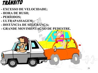 29
- EXCESSO DE VELOCIDADE;
- HORA DE RUSH;
- PERÍODOS;
- ULTRAPASSAGEM;
- DISTÂNCIA DE SEGURÂNÇA;
- GRANDE MOVIMENTAÇÃO DE PEDESTRE..
 