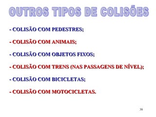 38
-- COLISÃO COM PEDESTRES;COLISÃO COM PEDESTRES;
- COLISÃO COM ANIMAIS;- COLISÃO COM ANIMAIS;
-- COLISÃO COM OBJETOS FIXOS;COLISÃO COM OBJETOS FIXOS;
- COLISÃO COM TRENS (NAS PASSAGENS DE NÍVEL);- COLISÃO COM TRENS (NAS PASSAGENS DE NÍVEL);
-- COLISÃO COM BICICLETAS;COLISÃO COM BICICLETAS;
- COLISÃO COM MOTOCICLETAS.- COLISÃO COM MOTOCICLETAS.
 