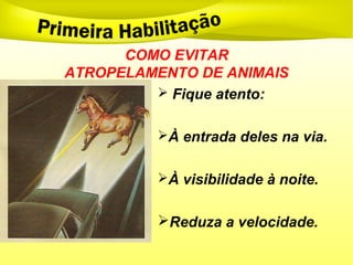  Fique atento:
À entrada deles na via.
À visibilidade à noite.
Reduza a velocidade.
COMO EVITAR
ATROPELAMENTO DE ANIMAIS
 