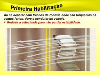 Ao se deparar com trechos de rodovia onde são frequentes os
ventos fortes, deve o condutor do veículo:
 Reduzir a velocidade para não perder estabilidade.
 