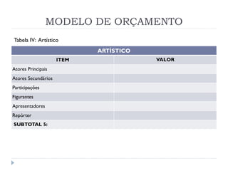 MODELO DE ORÇAMENTO
ARTÍSTICO
ITEM VALOR
Atores Principais
Atores Secundários
Participações
Figurantes
Apresentadores
Repórter
SUBTOTAL 5:
Tabela IV: Artístico
 