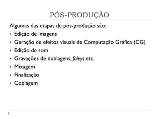 PÓS-PRODUÇÃO
Algumas das etapas de pós-produção são:
 Edição de imagens
 Geração de efeitos visuais de Computação Gráfica (CG)
 Edição de som
 Gravações de dublagens, foleys etc.
 Mixagem
 Finalização
 Copiagem
 