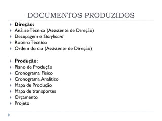 DOCUMENTOS PRODUZIDOS
 Direção:
 Análise Técnica (Assistente de Direção)
 Decupagem e Storyboard
 Roteiro Técnico
 Ordem do dia (Assistente de Direção)
 Produção:
 Plano de Produção
 Cronograma Físico
 Cronograma Analítico
 Mapa de Produção
 Mapa de transportes
 Orçamento
 Projeto
 