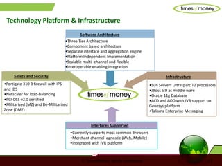 © TimesofMoney. Strictly confidential 17
•Currently supports most common Browsers
•Merchant channel agnostic (Web, Mobile)
•Integrated with IVR platform
Interfaces Supported
Infrastructure
•Fortigate 310 B firewall with IPS
and IDS
•Netscaler for load-balancing
•PCI-DSS v2.0 certified
•Militarized (MZ) and De-Militarized
Zone (DMZ)
Safety and Security
•Three Tier Architecture
•Component based architecture
•Separate interface and aggregation engine
•Platform Independent Implementation
•Scalable multi -channel and flexible
•Interoperable enabling integration
Software Architecture
•Sun Servers Ultrasparc T2 processors
•JBoss 5.0 as middle ware
•Oracle 11g Database
•ACD and AOD with IVR support on
Genesys platform
•Talisma Enterprise Messaging
Technology Platform & Infrastructure
 