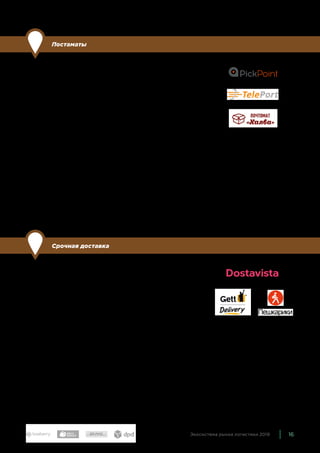 16Экосистема рынка логистики 2019
Постаматы
По сравнению с прошлым годом: уточнили состав.
Постаматы (или почтоматы) — это автоматические терминалы
с ячейками разного размера. В них можно получить и оплатить
заказ, также можно его вернуть. Чаще всего постаматы уста-
навливают в торговых центрах, и график их работы соответ-
ствует графику работы места установки, в большинстве мест —
до 22:00, то есть ограничений по времени, в которое покупатель
может забрать посылку, меньше, чем даже при заказе в пункт
выдачи. Ограничен размер посылки — в постаматах крупней-
шего участника этого рынка, компании PickPoint, самые боль-
шие ячейки — 60х60х60.
В 2018 году количество постаматов, установленных в России, вы-
росло более чем вдвое — в первую очередь благодаря быстро-
му росту PickPoint. Кроме того, появились постаматы «Халва»,
принадлежащие Совкомбанку, и санкт-петербургская компания
Teleport. Pulse Express, представленный в прошлой экосистеме,
в этом году перестал существовать.
Срочная доставка
По сравнению с прошлым годом: уточнили состав
В экосистеме показаны службы срочной доставки, активные в
нескольких городах. Dostavista представлена в восемнадцати
российских городах, Пешкарики — в шести, а Gett — в пяти.
В крупных городах, как правило, есть локальные компании,
которые также осуществляют срочную доставку. Например,
Express Vector в Екатеринбурге или СВД «Гонец» в Воронеже.
Доставка в тот же день как отдельная услуга есть у многих
курьерских служб. Кроме того, есть компании со срочной
доставкой, которые работают только с определенными вида-
ми заказов — например, с готовой едой или продуктами. Эти
направления мы выделили отдельно.
 