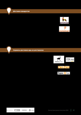 17Экосистема рынка логистики 2019
Доставка продуктов
По сравнению с прошлым годом: новая группа.
Рынок доставки еды — во всех ее видах, начиная от продуктов
и заканчивая уже приготовленными блюдами — очень быстро
развивается. Новые проекты появляются и исчезают, у всех
свои особенности и специфика. В экосистему мы включили наи-
более характерные сервисы доставки продуктов — Инстамарт
и сервис быстрой доставки Golamago. Также можно отметить
компании, которые привозят готовые блюда по выбранным про-
граммам питания — Eat and Train и Grow Food, сервисы-конструк-
торы, где можно заказать набор ингредиентов и рецепт, по ко-
торому нужно приготовить еду самостоятельно, — Elementaree
и Партия еды, которая теперь принадлежит Яндексу.
Сервисы доставки еды из ресторанов
По сравнению с прошлым годом: новая группа.
В отличие от доставки готовой еды и продуктов, где сейчас
очень много сравнительно небольших игроков, в сегменте
агрегаторов доставки из оффлайновых ресторанов и кафе
есть безусловные лидеры. Delivery Club и Zaka Zaka — оба
принадлежат Mail.ru, а также Яндекс.Еда. Uber Eats после
сделки Яндекса и Uber закрылся в России.
Помимо них можно упомянуть проект EDA.me, который достав-
ляет преимущественно фастфуд, а также крупнейшие сети —
Додо Пицца, Domino's Pizza, Суши WOK.
 