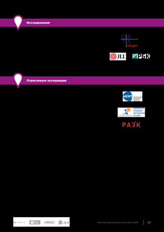 33Экосистема рынка логистики 2019
Исследования
По сравнению с прошлым годом: уточнили состав.
Важная часть бизнеса — исследования дают представление
о состоянии отрасли и действующим игрокам, и тем, кто
только собирается выходить на рынок, и интернет-магази-
нам, которые выбирают партнеров, и всем заинтересованным
организациям. Основные компании, исследующие рынок, —
Data Insight, JLL, РБК.
Отраслевые ассоциации
По сравнению с прошлым годом: без изменений.
Разрабатывают стандарты отрасли, участвуют в создании за-
конодательной базы, следят за добросовестной конкуренцией
на рынке. Крупнейшие отраслевые организации: Ассоциация
компаний интернет-торговли (АКИТ), Национальная ассоциа-
ция дистанционной торговли (НАДТ), Российская ассоциация
электронной коммерции (РАЭК).
 