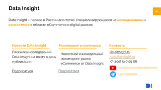27
27
Data Insight – первое в России агентство, специализирующееся на исследованиях и
консалтинге в области eCommerce и digital рынков.
Data Insight
Мониторинг e-commerce
Рассылка исследований
Data Insight на почту в день
публикации
Подписаться
Новости Data Insight
Подписаться
Контакты
datainsight.ru
a@datainsight.ru
+7 (495) 540 59 06
Новостной еженедельный
мониторинг рынка
eСommerce от Data Insight
T.me/DataInsight
Youtube.com/@datainsightresearch
 