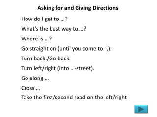 Asking for and Giving Directions
How do I get to …?
What's the best way to …?
Where is …?
Go straight on (until you come to …).
Turn back./Go back.
Turn left/right (into …-street).
Go along …
Cross …
Take the first/second road on the left/right
 