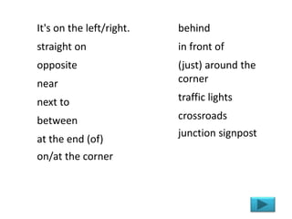 It's on the left/right.
straight on
opposite
near
next to
between
at the end (of)
on/at the corner
behind
in front of
(just) around the
corner
traffic lights
crossroads
junction signpost
 