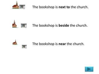 The bookshop is next to the church.
The bookshop is beside the church.
The bookshop is near the church.
 
