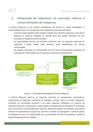 Segurança de máquinas e equipamentos de trabalho
11
2. Integração de segurança na conceção, fabrico e
comercialização de máquinas
A Diretiva Máquinas é uma diretiva estabelecida nos termos da «Nova Abordagem» à
harmonização técnica e à normalização, que estabelece os seguintes princípios:
A harmonização legislativa está limitada à adoção dos requisitos essenciais a que devem
obedecer os produtos colocados no mercado para que possam beneficiar da livre
circulação no Espaço Económico Europeu;
As especificações técnicas dos produtos conformes com os requisitos essenciais de
segurança e saúde fixados pelas diretivas, serão estabelecidas em normas
harmonizadas;
Os produtos fabricados em conformidade com as normas harmonizadas beneficiam da
presunção de conformidade com os requisitos essenciais correspondentes.
Figura 4 – Verificação da aplicação da Diretiva Máquinas
A Diretiva Máquinas aplica-se às máquinas (incluindo os equipamentos intermutáveis,
componentes de segurança, acessórios de elevação, corrente, cabos e correias, dispositivos
amovíveis de transmissão mecânica) e às quase máquinas. Estabelece um conjunto de
requisitos essenciais de segurança e saúde ligados principalmente aos utilizadores e às pessoas
que se encontram na proximidade das máquinas. Determina também os requisitos a que devem
obedecer os componentes de segurança, de forma a facilitar ao empregador a tarefa de colocar
as máquinas em uso, em conformidade com as prescrições mínimas de segurança e saúde da
Diretiva Equipamentos de Trabalho.
 