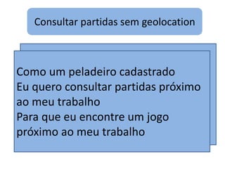 Como um peladeiro não-cadastrado
Eu quero consultar de partidas
próximas a um endereço informado
Para que eu encontre um jogo
próximo ao meu local atual
Como um peladeiro cadastrado
Eu quero consultar partidas próximo
ao meu trabalho
Para que eu encontre um jogo
próximo ao meu trabalho
Consultar partidas sem geolocation
 