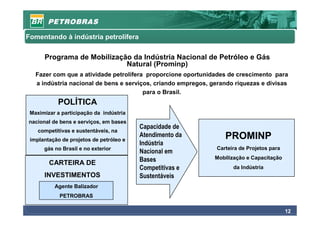 Fomentando à indústria petrolífera

      Programa de Mobilização da Indústria Nacional de Petróleo e Gás
                            Natural (Prominp)
   Fazer com que a atividade petrolífera proporcione oportunidades de crescimento para
   a indústria nacional de bens e serviços, criando empregos, gerando riquezas e divisas
                                        para o Brasil.
           POLÍTICA
 Maximizar a participação da indústria
nacional de bens e serviços, em bases
                                         Capacidade de
    competitivas e sustentáveis, na
 implantação de projetos de petróleo e
                                         Atendimento da            PROMINP
                                         Indústria
      gás no Brasil e no exterior                               Carteira de Projetos para
                                         Nacional em
                                         Bases                 Mobilização e Capacitação
        CARTEIRA DE
                                         Competitivas e               da Indústria
      INVESTIMENTOS                      Sustentáveis
          Agente Balizador
            PETROBRAS

                                                                                            12
 