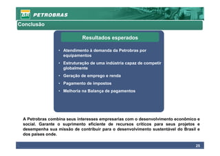 Conclusão

                            Resultados esperados

                 • Atendimento à demanda da Petrobras por
                   equipamentos
                 • Estruturação de uma indústria capaz de competir
                   globalmente
                 • Geração de emprego e renda
                 • Pagamento de impostos
                 • Melhoria na Balança de pagamentos




 A Petrobras combina seus interesses empresarias com o desenvolvimento econômico e
 social. Garante o suprimento eficiente de recursos críticos para seus projetos e
 desempenha sua missão de contribuir para o desenvolvimento sustentável do Brasil e
 dos países onde.

                                                                                 25
 