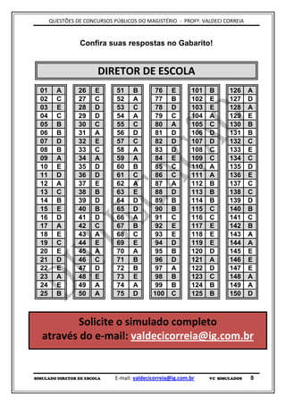 QUESTÕES DE CONCURSOS PÚBLICOS DO MAGISTÉRIO - PROFº. VALDECI CORREIA


                  Confira suas respostas no Gabarito!


                        DIRETOR DE ESCOLA
  01     A       26    E       51    B        76    E       101   B      126     A
  02     C       27    C       52    A        77    B       102   E      127     D
  03     E       28    D       53    C        78    D       103   E      128     A
  04     C       29    D       54    A        79    C       104   A      129     E
  05     B       30    C       55    C        80    A       105   C      130     B
  06     B       31    A       56    D        81    D       106   D      131     B
  07     D       32    E       57    C        82    D       107   D      132     C
  08     B       33    C       58    A        83    D       108   C      133     E
  09     A       34    A       59    A        84    E       109   C      134     C
  10     E       35    D       60    B        85    C       110   A      135     D
  11     D       36    D       61    C        86    C       111   A      136     E
  12     A       37    E       62    A        87    A       112   B      137     C
  13     C       38    B       63    E        88    D       113   B      138     C
  14     B       39    D       64    D        89    B       114   B      139     D
  15     E       40    B       65    D        90    B       115   C      140     B
  16     D       41    D       66    A        91    C       116   C      141     C
  17     A       42    C       67    B        92    E       117   E      142     B
  18     E       43    A       68    C        93    E       118   E      143     A
  19     C       44    E       69    E        94    D       119   E      144     A
  20     E       45    A       70    A        95    B       120   D      145     E
  21     D       46    C       71    B        96    D       121   A      146     E
  22     E       47    D       72    B        97    A       122   D      147     E
  23     A       48    E       73    E        98    B       123   C      148     A
  24     E       49    A       74    A        99    B       124   B      149     A
  25     B       50    A       75    D       100    C       125   B      150     D



           Solicite o simulado completo
   através do e-mail: valdecicorreia@ig.com.br


SIMULADO DIRETOR DE ESCOLA    E-mail: valdecicorreia@ig.com.br    VC SIMULADOS   8
 