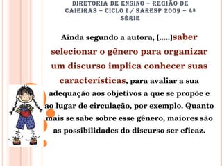 DIRETORIA DE ENSINO – REGIÃO DE CAIEIRAS – CICLO I / SARESP 2009 – 4ª SÉRIE Ainda segundo a autora, [.....] saber selecionar o gênero para organizar um discurso implica conhecer suas características , para avaliar a sua adequação aos objetivos a que se propõe e ao lugar de circulação, por exemplo. Quanto mais se sabe sobre esse gênero, maiores são as possibilidades do discurso ser eficaz. 