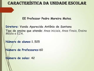 Característica da Unidade Escolar

EE Professor Pedro Moreira Matos.
Diretora: Vanda Aparecida Antônio de Santana
Tipo de ensino que atende: Anos iniciais, Anos finais, Ensino
Médio e EJA.
Número de alunos:1.525
Número de Professores:60
Número de salas: 42

 