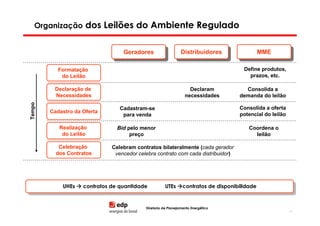 Organização dos Leilões do Ambiente Regulado


                                  Geradores
                                  Geradores                    Distribuidores
                                                                Distribuidores           MME
                                                                                         MME

           Formatação                                                              Define produtos,
            do Leilão                                                                prazos, etc.

         Declaração de                                             Declaram         Consolida a
         Necessidades                                            necessidades     demanda do leilão
Tempo




                                 Cadastram-se                                     Consolida a oferta
        Cadastro da Oferta
                                  para venda                                      potencial do leilão

           Realização           Bid pelo menor                                       Coordena o
            do Leilão                preço                                             leilão

           Celebração         Celebram contratos bilateralmente (cada gerador
          dos Contratos        vencedor celebra contrato com cada distribuidor)




            UHEs
             UHEs   contratos de quantidade
                     contratos de quantidade          UTEs contratos de disponibilidade
                                                       UTEs contratos de disponibilidade


                                           Diretoria de Planejamento Energético
                                                                                                        19
 