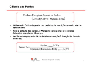 Cálculo das Perdas


            Perdas = Energia de Entrada na Rede −
                     (Mercado Cativo + Mercado Livre)

• O Mercado Cativo depende dos períodos de medição de cada lote de
  faturamento.
• Para o cálculo das perdas, o Mercado corresponde aos valores
  faturados nos últimos 12 meses.
• O cálculo do percentual é realizado em relação à Energia de Entrada
  na Rede:


                             Perdas 12 meses MWh
        Perdas % =
                   Energia de Entrada na Rede 12 meses MWh



                               Diretoria de Planejamento Energético
                                                                        35
 