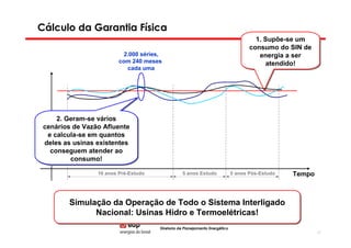 Cálculo da Garantia Física
                                                                                      1. Supõe-se um
                                                                                      1. Supõe-se um
                                                                                    consumo do SIN de
                                                                                    consumo do SIN de
                          2.000 séries,                                                energia a ser
                                                                                        energia a ser
                         com 240 meses                                                    atendido!
                                                                                          atendido!
                           cada uma




      2. Geram-se vários
      2. Geram-se vários
 cenários de Vazão Afluente
 cenários de Vazão Afluente
   e calcula-se em quantos
   e calcula-se em quantos
 deles as usinas existentes
  deles as usinas existentes
    conseguem atender ao
    conseguem atender ao
          consumo!
           consumo!
                 10 anos Pré-Estudo              5 anos Estudo               5 anos Pós-Estudo   Tempo



         Simulação da Operação de Todo o Sistema Interligado
         Simulação da Operação de Todo o Sistema Interligado
               Nacional: Usinas Hidro e Termoelétricas!
               Nacional: Usinas Hidro e Termoelétricas!
                                      Diretoria de Planejamento Energético
                                                                                                         52
 
