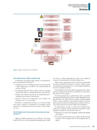 Arq Bras Cardiol: 2013; 101, (2 Supl. 3): 1-221
Diretrizes
I Diretriz de Ressuscitação Cardiopulmonar e
Cuidados Cardiovasculares de Emergência da
Sociedade Brasileira de Cardiologia
10.9. Atendimento a PCR por público leigo
As diferenças do público leigo, quanto ao atendimento,
para o profissional da saúde são:
•	Gritar por socorro ou solicitar para um 2º socorrista acionar
o SME, depois que se verifica a não responsividade da
criança ou bebê.
•	O socorrista leigo não checa o pulso, assim, se a criança
ou bebê não respira, a compressão torácica está indicada.
•	Manter uma relação universal de 30 compressões por 2
ventilações para todas as faixas etárias.
•	Utilizar a técnica de compressão com 2 dedos nos
lactentes com 1 ou 2 socorristas.
Ressalta-se a importância de que se o socorrista leigo
não souber realizar as ventilações, ele poderá manter
somente as compressões torácicas até que o SME chegue
ao local.
10.10. Atendimento à obstrução de vias aéreas por corpo
estranho1255
Algumas medidas preventivas nos acidentes com Corpo
Estranho (CE) são: uso de brinquedos adequados para a idade
da criança, a oferta adequada de acordo com a idade da
criança, o armazenamento correto de objetos, etc.
Sabe-se que a aspiração de um CE é uma causa importante
de morte acidental em lactentes e crianças, sendo a maior
concentração na faixa etária de 1 a 3 anos, segundo estatísticas
dos EUA e também do Brasil.
Normalmente é um evento súbito, repentinamente, um CE
provoca a obstrução da via aérea, resultando em uma asfixia,
que pode ser leve ou grave.
Se existe passagem de ar, a asfixia é leve, assim, o socorrista
deve permanecer ao lado da criança ou bebê, deixando-o tossir,
para eliminar o CE. Não estressar a criança ou bebê tentando
retirar o corpo estranho, o que poderá resultar em choro,
provocando uma piora da obstrução das vias aéreas. Deve-se,
com calma, procurar um Serviço Médico de Emergência.
Na asfixia grave, ou seja, a criança não consegue tossir,
emitir sons e respirar, mas ela ainda está consciente e muito
agitada,em função do sufocamento, deve-se:
•	Perguntar se a criança está engasgada, sentindo dificuldade
para respirar.
•	Se a criança apenas acenar com a cabeça ou movimentar
os braços e não conseguir falar ou tossir, diga-lhe que irá
ajudar.
Figura 55 - Algoritmo Suporte Básico de Vida Pediátrico.
95
 