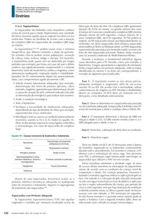 Arq Bras Cardiol: 2013; 101, (2 Supl. 3): 1-221
Diretrizes
I Diretriz de Ressuscitação Cardiopulmonar e
Cuidados Cardiovasculares de Emergência da
Sociedade Brasileira de Cardiologia
11.6.2. Taquiarritmias
As taquicardias são definidas como frequência cardíaca
acima do normal para a idade. Representam uma variedade
de ritmos anormais rápidos que se originam nos átrios ou nos
ventrículos. Podem ser divididas de acordo com a duração
do complexo QRS em taquicardias de complexo QRS largo
ou estreito.
As taquiarritmias1295,1296
podem causar sinais e sintomas
inespecíficos, que diferem conforme a idade do paciente.
Os achados clínicos podem incluir palpitações, sensação
de cabeça vazia, tontura, fadiga e síncope. Em lactentes,
a taquiarritmia pode passar sem ser detectada por longos
períodos (por exemplo, por horas, em casa) até que o débito
cardíaco seja significativamente comprometido e o lactente
desenvolva sinais de insuficiência cardíaca congestiva, como
alimentação inadequada, respiração rápida e irritabilidade.
Episódios de FC extremamente rápida são potencialmente
fatais, caso comprometam significativamente o DC.
•	Solicite exames laboratoriais adequados (por exemplo,
determinação dos níveis de potássio, glicemia, cálcio
ionizado, magnésio, gasometria para determinação do pH
e causas de variação do pH), conforme indicado (não adie
as intervenções de emergência para realizar esses exames).
•	Avalie a condição neurológica.
•	Trate a hipotermia.
•	Verifique a necessidade de medicações adequadas,
dependendo do tipo de distúrbio do ritmo (por exemplo,
supraventricular versus ventricular).
•	Identifique e trate as causas e as condições potencialmente
reversíveis, usando os Hs e os Ts citados no quadro 16.
Deve-se dar atenção especial às causas ligadas a eletrólitos
e toxinas/drogas, em casos de taquicardia de complexo
largo.
Quadro 16 – Causas reversíveis de bradicardia e tratamentos.
Hipovolemia
Toxinas/drogas (principalmente
antidepressivos tricíclicos)
Hipóxia Tamponamento (cardíaco)
Hidrogênio (acidose) Tensão no tórax
Hiper/hipopotassemia e outros
distúrbios metabólicos, inclusive a
hipomagnesemia
Trombose (coronária ou pulmonar)
Hipoglicemia Trauma (hipovolemia)
Hipotermia
Diante de uma taquicardia, deveremos avaliar se a
perfusão sistêmica encontra-se adequada ou inadequada
antes de iniciarmos o tratamento. Seguem os organogramas
de tratamento das taquicardias1294
.
Taquicardias com Perfusão Adequada
As taquicardias supraventriculares (TSV) são aquelas
originadas e mantidas por estruturas localizadas acima da
bifurcação do feixe de Hiss. Os complexos QRS apresentam
duração de 0,10s ou menos, na grande maioria dos casos
(Crianças até 4 anos são considerados complexos QRS estreitos
duração menor de 0,09 segundos, crianças maiores de 4
anos, complexos QRS até 0,10 segundos). As TSV podem se
originar: no NS (taquicardia sinusal, por hiperautomatismo ou
reentrada); nos átrios (taquicardia atrial ectópica, taquicardia
atrial multifocal, flutter ou fibrilação atrial); no NAV (taquicardia
supraventricular paroxística por reentrada nodal); no tronco do
feixe de Hiss (taquicardia juncional). Podem, ainda, envolver
uma via acessória (síndrome de Wolff-Parkinson-White).
Durante a avaliação, é fundamental identificar alguma
causa alternativa para a FC elevada, como, por exemplo, a
hipertermia. A seguir, apresentamos o algoritmo de orientação
frente a taquicardias com perfusão adequada, onde as etapas
identificadas no mesmo e no texto são correspondentes, a
exemplo do algoritmo para bradicardia.
Fase 1 - É importante manter as vias aéreas pérvias,
adequada ventilação e oxigenação, além de um acesso
vascular (IV ou IO). De acordo com a necessidade, utilizar
cateter/máscara de oxigênio ou IOT. Monitor e desfibrilador
devem ser instalados. O ECG deve ser realizado em 12
derivações, como detalhado anteriormente.
Fase 2 - Deve-se determinar se a taquicardia está associada
ou não à perfusão adequada. A taquicardia é definida como FC
acima do normal para a idade e condição clínica (Tabela 58).
Fase 3 - É importante determinar a duração do QRS em
relação à idade e à FC. O QRS estreito remete à fase 4; e o
QRS alargado para a idade, à fase 9.
Fase 4 - Nesta fase, a alteração do ritmo deve ser analisada.
Fase 5 - Manobras vagais.
Deve ser obtido um ECG de 12 derivações antes e depois
da manobra, registrando-se os batimentos continuamente
durante todo o procedimento. Em lactentes e crianças, a FC
diminui com a estimulação do nervo vago. Nos pacientes
com TSV, a estimulação vagal intensa pode interromper as
taquicardias que utilizam o NAV em seu circuito.
Várias manobras estimulam a atividade vagal. As taxas
de sucesso destas manobras na interrupção da taquiarritmia
variam de acordo com as condições da criança, nível de
cooperação e idade. Em crianças pequenas, neonatos e
lactentes a manobra vagal mais efetiva é a aplicação de gelo na
face. Um método é a colocação de gelo triturado (misturado
ou não com água) numa bolsa ou luva de plástico e aplicação
na face e região submandibular da criança, por período de
cinco a vinte segundos, sem que haja obstrução da ventilação
(cobrindo somente a testa, os olhos e a ponte nasal). Se houver
sucesso com este método, a TSV terminará em segundos.
Se não houve reversão e o paciente estiver estável, pode-se
repetir a tentativa. Caso a segunda tentativa falhe, deve ser
selecionado outro método ou terapia farmacológica.
108
 