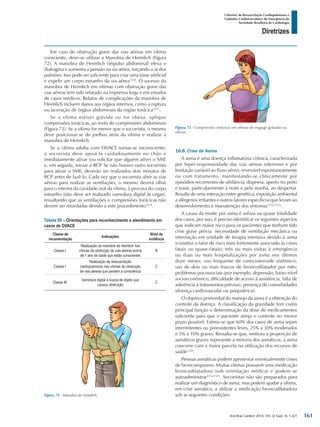 Arq Bras Cardiol: 2013; 101, (2 Supl. 3): 1-221
Diretrizes
I Diretriz de Ressuscitação Cardiopulmonar e
Cuidados Cardiovasculares de Emergência da
Sociedade Brasileira de Cardiologia
Em caso de obstrução grave das vias aéreas em vítima
consciente, deve-se utilizar a Manobra de Heimlich (Figura
72). A manobra de Heimlich (impulso abdominal) eleva o
diafragma e aumenta a pressão na via aérea, forçando o ar dos
pulmões. Isso pode ser suficiente para criar uma tosse artificial
e expelir um corpo estranho da via aérea1550
. O sucesso da
manobra de Heimlich em vítimas com obstrução grave das
vias aéreas tem sido relatado na imprensa leiga e em estudos
de casos médicos. Relatos de complicações da manobra de
Heimlich incluem danos aos órgãos internos, como a ruptura
ou laceração de órgãos abdominais da região torácica1551
.
Se a vítima estiver grávida ou for obesa, aplique
compressões torácicas, ao invés de compressões abdominais
(Figura 73). Se a vítima for menor que o socorrista, o mesmo
deve posicionar-se de joelhos atrás da vítima e realizar a
manobra de Heimlich.
Se a vítima adulta com OVACE tornar-se inconsciente,
o socorrista deve apoiá-la cuidadosamente no chão e
imediatamente ativar (ou solicitar que alguém ative) o SME
e, em seguida, iniciar a RCP. Se não houver outro socorrista
para ativar o SME, deverão ser realizados dois minutos de
RCP antes de fazê-lo. Cada vez que o socorrista abrir as vias
aéreas para realizar as ventilações, o mesmo deverá olhar
para o interior da cavidade oral da vítima, à procura do corpo
estranho (não deve ser realizado varredura digital às cegas),
ressaltando que as ventilações e compressões torácicas não
devem ser retardadas devido a este procedimento1519
.
Tabela 80 – Orientações para reconhecimento e atendimento em
casos de OVACE
Classe de
recomendação
Indicações
Nível de
evidência
Classe I
Realização da manobra de Heimlich nas
vítimas de obstrução de vias aéreas acima
de 1 ano de idade que estão conscientes
B
Classe I
Realização de ressuscitação
cardiopulmonar nas vítimas de obstrução
de vias aéreas que perdem a consciência
C
Classe III
Varredura digital à busca de objeto que
causou obstrução
C
16.8. Crise de Asma
A asma é uma doença inflamatória crônica, caracterizada
por hiper-responsividade das vias aéreas inferiores e por
limitação variável ao fluxo aéreo, reversível espontaneamente
ou com tratamento, manifestando-se clinicamente por
episódios recorrentes de sibilância, dispneia, aperto no peito
e tosse, particularmente à noite e pela manhã, ao despertar.
Resulta de uma interação entre genética, exposição ambiental
a alérgenos irritantes e outros fatores específicos que levam ao
desenvolvimento e manutenção dos sintomas1552,1553
.
A causa da morte por asma é asfixia na quase totalidade
dos casos, por isso, é preciso identificar os seguintes aspectos
que indicam maior risco para os pacientes que tenham tido
crise grave prévia: necessidade de ventilação mecânica ou
internação em unidade de terapia intensiva devido à asma
(constitui o fator de risco mais fortemente associado às crises
fatais ou quase-fatais); três ou mais visitas à emergência
ou duas ou mais hospitalizações por asma nos últimos
doze meses; uso frequente de corticosteroide sistêmico;
uso de dois ou mais frascos de broncodilatador por mês;
problemas psicossociais (por exemplo, depressão, baixo nível
socioeconômico, dificuldade de acesso à assistência, falta de
aderência a tratamentos prévios); presença de comorbidades
(doença cardiovascular ou psiquiátrica).
O objetivo primordial do manejo da asma é a obtenção do
controle da doença. A classificação da gravidade tem como
principal função a determinação da dose de medicamentos
suficiente para que o paciente atinja o controle no menor
prazo possível. Estima-se que 60% dos casos de asma sejam
intermitentes ou preexistentes leves, 25% a 30% moderados
e 5% a 10% graves. Ressalta-se que, embora a proporção de
asmáticos graves represente a minoria dos asmáticos, a asma
concorre com a maior parcela na utilização dos recursos de
saúde1329
.
Pessoas asmáticas podem apresentar eventualmente crises
de broncoespasmo. Muitas vítimas possuem uma medicação
broncodilatadora (sob orientação médica) e podem se
autoadministrar1554,1555
. Socorristas não são preparados para
realizar um diagnóstico de asma, mas podem ajudar a vítima,
em crise asmática, a utilizar a medicação broncodilatadora
sob as seguintes condições:Figura 72 - Manobra de Heimlich.
Figura 73 - Compressões torácicas em vítimas de engasgo grávidas ou
obesas.
161
 