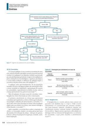 Arq Bras Cardiol: 2013; 101, (2 Supl. 3): 1-221
Diretrizes
I Diretriz de Ressuscitação Cardiopulmonar e
Cuidados Cardiovasculares de Emergência da
Sociedade Brasileira de Cardiologia
16.10. Convulsões
Um ataque epiléptico é uma ocorrência transitória de sinais
e/ou sintomas devido à atividade excessiva neuronal anormal
cerebral. Já a epilepsia é um distúrbio cerebral caracterizado
por uma predisposição persistente em gerar crises epilépticas e
pelas consequências neurobiológicas, cognitivas, psicológicas
e sociais desta condição. A definição da epilepsia requer a
ocorrência de pelo menos uma crise epiléptica1563
.
A epilepsia afeta aproximadamente 2% da população
mundial e há pouca divulgação pública de informações sobre
o tema, tornando-se importante a apresentação do assunto
às comunidades, especialmente no âmbito escolar, onde as
crianças permanecem boa parte do seu tempo1564
.
Além da epilepsia, há outras causas de convulsão, como:
hipoglicemia, lesão relacionada ao calor e intoxicações.
O primeiro atendimento às vítimas que apresentam
convulsões (principalmente as tônico-clônicas generalizadas)
visa proteger o indivíduo de danos durante a convulsão,1565
e
não se deve abrir a boca da vítima ou tentar colocar qualquer
objeto entre seus dentes ou na boca, nem mesmo restringir a
vítima durante a convulsão1524
.
Após o episódio, o socorrista deve avaliar a respiração da
vítima e, se necessário, manter a via aérea pérvia (por meio
da manobra de inclinação da cabeça – elevação do queixo).
Colocar a vítima em posição de recuperação, evitando, assim,
broncoaspiração.
Tabela 83 – Orientações para atendimento em casos de
Convulsões
Classe de
recomendação
Indicações
Nível de
evidência
Classe I
Durante a convulsão, deve-se proteger a
vítima de possíveis objetos que possam
causar lesões
C
Classe III
Não abrir a boca da vítima ou tentar
colocar qualquer objeto entre seus dentes
ou na boca
C
Classe IIa
Após a convulsão, manter a via aérea
pérvia e colocar a vítima em posição de
recuperação
C
16.11. Hipoglicemia
A hipoglicemia é o evento adverso mais comum em
paciente com diabetes tipo 1 e tipo 2. Pode ocorrer
subitamente e é caracterizada por sintomas variados,
tais como tremores, sudorese, sonolência, náuseas, má
coordenação motora, confusão mental, irritabilidade e
inconsciência. Alguns autores apontam a dificuldade em
distinguir entre os sintomas de hipoglicemia e os sintomas
de ansiedade, o que pode retardar o atendimento
incial1566
.
Figura 77 - Algoritmo de atendimento em caso de Anafilaxia.
Pegue a caneta injetora de Epinefrina, Se a vítima
não conseguir se medicar, ajuda-a
Houve melhora?
Sim
Sim Não
Observe a vítima
Fique com a vítima no local. Se ela se
tornar inconsciente, inicie a RCP
Não
Fique com a vítima no local. Se ela se tornar
inconciente, inicie a RCP
A Vítima apresenta sinais de reação alérgica grave. Pergunte se
ela possui uma caneta injetora de Epinefrina
Acione o SME
164
 