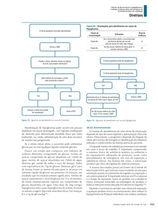 Arq Bras Cardiol: 2013; 101, (2 Supl. 3): 1-221
Diretrizes
I Diretriz de Ressuscitação Cardiopulmonar e
Cuidados Cardiovasculares de Emergência da
Sociedade Brasileira de Cardiologia
Manifestação de hipoglicemia pode ocorrer em pessoas
diabéticas em jejum prolongado, com ingestão inadequada
de alimento para determinada atividade física que estão
realizando, ou, ainda, administração de uma dose excessiva
de insulina não programada.
Se a vítima estiver alerta, o socorrista pode administrar
glicose por via oral (qualquer líquido contendo glicose).
Houve um estudo que comparou sete hidratos de
carbono diferentes (comprimido de glicose, torrões de
açúcar, comprimido de glicose dissolvida em 150ml de
água, torrões de açúcar dissolvidos em 150ml de água,
dextrose gel, amido de milho e suco de laranja). Todos
com equivalência de 15g de glicose. Dextrose gel e suco
de laranja foram os menos eficazes para se alcançar um
aumento rápido da glicose nos primeiros 10 minutos, um
resultado que foi estatisticamente significativo. Torrões de
açúcar aumentaram o nível de glicose em 15 a 20 minutos,
de forma estatisticamente superior aos comprimidos de
glicose dissolvidos em água. Uma dose de 20g corrigiu
hipoglicemia sem causar hiperglicemia de rebote, levando
os autores a sugerir 20g como uma dose eficaz. Em crianças,
0,5 a 1g de glicose/Kg1567
.
Tabela 84 – Orientações para atendimento em casos de
Hipoglicemia
Classe de
recomendação
Indicações
Nível de
evidência
Classe IIa
Se a vítima estiver alerta, o socorrista pode
administrar glicose por via oral
(20g de açúcar em meio copo d’água)
A
Classe IIa
Se não houver melhora da vítima após 15
minutos, acionar o SME
B
Figura 78 - Algoritmo de atendimento em caso de Convulsão. Figura 79 - Algoritmo de atendimento em caso de Hipoglicemia.
16.12. Envenenamento
O manejo do atendimento de uma vítima de intoxicação
depende do tipo de toxina ingerida e apresentação clínica da
vítima. Clinicamente, o prognóstico depende da chegada da
vítima até o Serviço de Emergência, identificação da substância
utilizada e conhecimento da história prévia do paciente.
Um grande número de substâncias venenosas é encontrado
em casas e locais de trabalho. É importante compreender
a natureza tóxica da substância química no ambiente e
do equipamento adequado de proteção, assim como
procedimentos de emergência, em caso de exposição a
substâncias tóxicas. Na maioria das vezes, a intoxicação
acontece por meio da ingestão do material venenoso.
A maioria dos estados possui um Centro de Controle de
Intoxicações (CCI), que funciona como excelente recurso para
orientação quanto ao tratamento da ingestão ou exposição a
um veneno potencial. É importante informar ao CCI a natureza
e o tempo da exposição, nome do produto ou a substância
tóxica, instruções fornecidas na embalagem do produto, e
todas as instruções fornecidas pelo CCI devem ser seguidas1568
.
Quando o socorrista for atender uma vítima sob exposição
a qualquer produto tóxico ou envenamento, deve utilizar os
Equipamentos de Proteção Individual e não realizar ventilação
A vítima apresenta convulsão generalizada
A vítima apresenta sinais de hipoglicemia
A vítima apresenta sinais de hipoglicemia
Sim Não
Acione o SMEAdministre 20 gr (2 colheres de sobremesa)
se açúcar em meio copo d’ água, via oral
Se não houver melhora da vitima
após 15 min, acione o SME
Acione o SME
Projeta a vitima, retirando móveis ou objetos,
do local, que possam machucá-la
Após melhora da convulsão, a vítima
está consciente e respira?
Sim
Coloque a vitima em posição
de recuperação
Inicie a RCP
Não
165
 