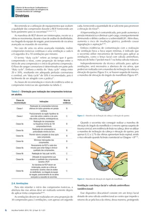 Arq Bras Cardiol: 2013; 101, (2 Supl. 3): 1-221
Diretrizes
I Diretriz de Ressuscitação Cardiopulmonar e
Cuidados Cardiovasculares de Emergência da
Sociedade Brasileira de Cardiologia
Recomenda-se a utilização de equipamentos que avaliam
a qualidade das compressões durante a RCP, fornecendo um
bom parâmetro para os socorristas53,54,62,73-79
.
As manobras de RCP devem ser ininterruptas, exceto se a
vítima se movimentar, durante a fase de análise do desfibrilador,
na chegada da equipe de resgate, posicionamento de via aérea
avançada ou exaustão do socorrista.
No caso de uma via aérea avançada instalada, realize
compressões torácicas contínuas e uma ventilação a cada 6
a 8 segundos (8 a 10 ventilações por minuto).
O termo “duty cycle” refere ao tempo que é gasto
comprimindo o tórax, como proporção do tempo entre o
início de uma compressão e o início da próxima compressão.
O fluxo de sangue coronariano é determinado em parte pelo
“duty cycle”. Embora a média do “duty cycle” esteja entre
20 e 50%, resultando em adequada perfusão coronariana
e cerebral, um “duty cycle” de 50% é recomendado, pois é
facilmente de ser atingido com a prática57
.
As classes de recomendação e níveis de evidência sobre as
compressões torácicas são apontadas na tabela 2.
Tabela 2 – Orientação para realização das compressões torácicas
em adultos.
Classe de
recomendação
Indicações
Nível de
evidência
Classe I
Realização de compressões torácicas
efetivas em todos pacientes em parada
cardíaca.
B
Classe I
Posicionamento da região hipotênar de
uma mão sobre o esterno e da outra
mão sobre a primeira, entrelaçando-as.
C
Classe IIa
Realização de compressões
na frequência mínima de 100
compressões/minuto.
B
Classe IIa
Realização de compressões na
profundidade mínima de 5cm.
B
Classe IIa
Permitir retorno completo do tórax após
cada compressão.
B
Classe IIa
Minimizar interrupções das
compressões.
B
Classe IIa
Revezamento da RCP a cada dois
minutos para evitar fadiga e diminuir
qualidade das compressões.
B
Classe IIb Realização de “duty cycle” de 50%. C
Classe IIa
Utilização de equipamentos que
avaliam a qualidade das compressões
durante a RCP.
B
Classe IIa
As manobras de RCP devem ser
ininterruptas, exceto se a vítima se
movimentar, durante a fase de análise
do desfibrilador, na chegada da equipe
de resgate, posicionamento de via aérea
avançada ou exaustão do socorrista.
C
2.4. Ventilações
Para não retardar o início das compressões torácicas, a
abertura das vias aéreas deve ser realizada somente depois
de aplicar trinta compressões80,81
.
As ventilações devem ser realizadas em uma proporção de
30 compressões para 2 ventilações, com apenas um segundo
cada, fornecendo a quantidade de ar suficiente para promover
a elevação do tórax82
.
A hiperventilação é contraindicada, pois pode aumentar a
pressão intratorácica e diminuir a pré-carga, consequentemente
diminuindo o débito cardíaco e a sobrevida80,81. Além disso,
aumenta o risco de insuflação gástrica, podendo causar
regurgitação e aspiração83-85
.
Embora evidências de contaminação com a realização
de ventilação boca a boca sejam mínimas, é indicado que
o socorrista utilize mecanismos de barreira para aplicar as
ventilações, como o lenço facial com válvula antirrefluxo,
máscara de bolso (“pocket-mas k”) ou bolsa-válvula-máscara.
Independentemente da técnica utilizada para aplicar
ventilações, será necessária a abertura de via aérea, que
poderá ser realizada com a manobra da inclinação da cabeça e
elevação do queixo (Figura 3) e, se houver suspeita de trauma,
a manobra de elevação do ângulo da mandíbula (Figura 4)86
.
Figura 3 - Manobra da inclinação da cabeça e elevação do queixo.
Figura 4 - Manobra de elevação do ângulo da mandíbula.
Quando o socorrista não conseguir realizar a manobra de
elevação do ângulo da mandíbula e o mesmo apenas suspeita de
traumacervical,semevidênciadelesãonacabeça,deve-seutilizar
a manobra de inclinação da cabeça e elevação do queixo, pois
apenas 0,12 a 3,7% das vítimas apresentam lesão espinal, sendo
o risco elevado quando há lesão craniofacial ou Glasgow <887-91
.
Ventilação com lenço facial e válvula antirrefluxo
(unidirecional)
Esse dispositivo descartável consiste em um lenço facial
dotado de uma válvula unidirecional ao centro que impede o
retorno do ar pela boca da vítima, dessa maneira, protegendo
6
 