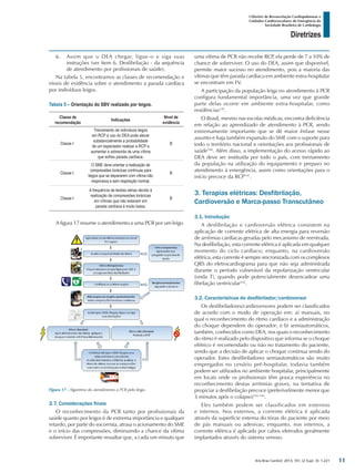 Arq Bras Cardiol: 2013; 101, (2 Supl. 3): 1-221
Diretrizes
I Diretriz de Ressuscitação Cardiopulmonar e
Cuidados Cardiovasculares de Emergência da
Sociedade Brasileira de Cardiologia
6.	 Assim que o DEA chegar, ligue-o e siga suas
instruções (ver item 6. Desfibrilação - da sequência
de atendimento por profissionais de saúde).
Na tabela 5, encontramos as classes de recomendação e
níveis de evidência sobre o atendimento a parada cardíaca
por indivíduos leigos.
Tabela 5 – Orientação do SBV realizado por leigos.
Classe de
recomendação
Indicações
Nível de
evidência
Classe I
Treinamento de indivíduos leigos
em RCP e uso do DEA pode elevar
substancialmente a probabilidade
de um espectador realizar a RCP e
aumentar a sobrevida de uma vítima
que sofreu parada cardíaca.
B
Classe I
O SME deve orientar a realização de
compressões torácicas contínuas para
leigos que se depararem com vítima não
responsiva e sem respiração normal.
B
Classe I
A frequência de lesões sérias devido à
realização de compressões torácicas
em vítimas que não estavam em
parada cardíaca é muito baixa.
B
A figura 17 resume o atendimento a uma PCR por um leigo.
uma vítima de PCR não recebe RCP, ela perde de 7 a 10% de
chance de sobreviver. O uso do DEA, assim que disponível,
permite maior sucesso no atendimento, pois a maioria das
vítimas que têm parada cardíaca em ambiente extra-hospitalar
se encontram em FV.
A participação da população leiga no atendimento à PCR
configura fundamental importância, uma vez que grande
parte delas ocorre em ambiente extra-hospitalar, como
residências139
.
O Brasil, mesmo nas escolas médicas, encontra deficiência
em relação ao aprendizado de atendimento à PCR, sendo
extremamente importante que se dê maior ênfase nesse
assunto e haja também expansão do SME com o suporte para
todo o território nacional e orientações aos profissionais de
saúde140
. Além disso, a implementação do acesso rápido ao
DEA deve ser instituída por todo o país, com treinamento
da população na utilização do equipamento e preparo no
atendimento à emergência, assim como orientações para o
início precoce da RCP141
.
3. Terapias elétricas: Desfibrilação,
Cardioversão e Marca-passo Transcutâneo
3.1. Introdução
A desfibrilação e cardioversão elétrica consistem na
aplicação de corrente elétrica de alta energia para reversão
de arritmias cardíacas geradas pelo mecanismo de reentrada.
Na desfibrilação, esta corrente elétrica é aplicada em qualquer
momento do ciclo cardíaco; enquanto, na cardioversão
elétrica, esta corrente é sempre sincronizada com os complexos
QRS do eletrocardiograma para que não seja administrada
durante o período vulnerável da repolarização ventricular
(onda T), quando pode potencialmente desencadear uma
fibrilação ventricular142
.
3.2. Características do desfibrilador/cardioversor
Os desfibriladores/cardioversores podem ser classificados
de acordo com o modo de operação em: a) manuais, no
qual o reconhecimento do ritmo cardíaco e a administração
do choque dependem do operador; e b) semiautomáticos,
também, conhecidos como DEA, nos quais o reconhecimento
do ritmo é realizado pelo dispositivo que informa se o choque
elétrico é recomendado ou não no tratamento do paciente,
sendo que a decisão de aplicar o choque continua sendo do
operador. Estes desfibriladores semiautomáticos são muito
empregados no cenário pré-hospitalar, todavia também
podem ser utilizados no ambiente hospitalar, principalmente
em locais onde os profissionais têm pouca experiência no
reconhecimento destas arritmias graves, na tentativa de
propiciar a desfibrilação precoce (preferivelmente menor que
3 minutos após o colapso)142-144
.
Eles também podem ser classificados em externos
e internos. Nos externos, a corrente elétrica é aplicada
através da superfície externa do tórax do paciente por meio
de pás manuais ou adesivas; enquanto, nos internos, a
corrente elétrica é aplicada por cabos eletrodos geralmente
implantados através do sistema venoso.
Figura 17 - Algoritmo do atendimento à PCR pelo leigo.
2.7. Considerações finais
O reconhecimento da PCR tanto por profissionais da
saúde quanto por leigos é de extrema importância e qualquer
retardo, por parte do socorrista, atrasa o acionamento do SME
e o início das compressões, diminuindo a chance da vítima
sobreviver. É importante ressaltar que, a cada um minuto que
11
 