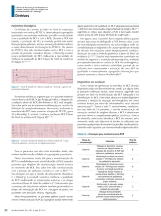 Arq Bras Cardiol: 2013; 101, (2 Supl. 3): 1-221
Diretrizes
I Diretriz de Ressuscitação Cardiopulmonar e
Cuidados Cardiovasculares de Emergência da
Sociedade Brasileira de Cardiologia
Parâmetros fisiológicos
O dióxido de carbono exalado no final da expiração
(expressado em mmHg - PETCO2
), detectado pela capnografia
quantitativa em pacientes intubados, tem sido correlacionado
com a qualidade da RCP e com o RCE. Durante a PCR não
tratada, a produção de CO2
é mantida, porém não existe
liberação pelos pulmões, sendo a presença de débito cardíaco
a maior determinante da liberação do PETCO2
. Os valores
do PETCO2
têm sido correlacionados com o RCE e com a
pressão de perfusão coronária. Valores <10mmHg revelam
pouca probabilidade de RCE, indicando a necessidade de
melhora na qualidade da RCP (Classe IIa Nível de evidência
B) (Figura 31)267-270
.
alguns parâmetros de qualidade de RCP. Saturação venosa central
<30% tem sido relacionada à impossibilidade de atingir o RCE275
,
sugerindo-se, então, que, durante a PCR, é necessário manter
valores acima de 30% (Classe IIb Nível de evidência C).
Em alguns casos, é possível haver suspeita clínica quanto
ao fator que possa ter deflagrado a PCR. Frente a isso, o uso
da ecocardiografia transtorácica ou transesofágica pode ser
considerado para o diagnóstico de causas específicas e tomada
de decisão em situações como tamponamento cardíaco,
dissecção de aorta e embolia pulmonar (Classe IIb Nível de
evidência C)276-279
. Estudos mais recentes têm caminhado no
sentido de organizar a avaliação ultrassonográfica, realizada
por operador treinado no cenário da PCR não arritmogênica,
como sendo o único método subsidiário passível de ser
utilizado sem comprometer a execução de uma RCP de
qualidade e eventualmente agregando informações que
possam aumentar a chance de sobrevida280
.
Dispositivos em avaliação
Com o intuito de aperfeiçoar as manobras de RCP, diversos
dispositivos estão em desenvolvimento, sendo que alguns deles
já possuem evidências iniciais, dessa maneira, sugerindo que
possam ser úteis na monitorização da RCP adequada e na
identificação do RCE. Entre estes, destaca-se como dispositivo
promissor a aferição da saturação de hemoglobina no córtex
cerebral frontal por meio de infravermelho (near infrared
spectroscopy)281
. Parnia e cols.282
, recentemente, estudaram,
em uma série de 19 pacientes, o uso da monitorização de
saturação cerebral de oxigênio durante a RCP e observaram
que seus valores e comportamento podem predizer as chances
de sobrevida, assim como identificar o RCE. No entanto, até o
momento, ainda, não dispomos de evidências suficientes que
permitamqualquertipoderecomendaçãosobretaisdispositivos,
cabendo então aguardar que maiores estudos sejam realizados.
Tabela 14 – Orientação para monitorização da PCR
Classe de
recomendação
Indicações
Nível de
evidência
Classe IIa
Utilização de dispositivos visuais ou
auditivos que ofereçam retorno da
realização das manobras de RCP para
melhorar a qualidade da reanimação.
B
Classe IIa
Monitorização do dióxido de carbono
exalado (> 10mmHg) como indicador
de qualidade de reanimação.
B
Classe IIa
Monitorização do dióxido de carbono
exalado (35 - 40mmHg) como indicador
de retorno à circulação espontânea.
B
Classe IIb
Utilização de aferição invasiva de
pressão arterial diastólica (> 20mmHg)
como parâmetro de qualidade de
compressões e utilização adequada de
drogas vasoativas.
C
Classe IIb
Monitorização de saturação venosa
central (>30%) como indicador da
qualidade da reanimação.
C
Classe IIb
Utilização de ecocardiografia
transtorácica na identificação de
possíveis causas tratáveis de parada
cardiorrespiratória.
C
Figura 31 - Nível de dióxido de carbono exalado de 15mmHg - sugestivo de
reanimação adequada.
Figura 32 - Aumento abrupto de dióxido de carbono exalado de 15 para
35mmHg sugerindo o retorno da circulação espontânea.
As mesmas evidências sugerem que, se o paciente mantiver
valores baixos de PETCO2
por longos períodos, a despeito de
condições ideais de RCP, dificilmente o RCE será atingido.
Este valor pode ser levado em consideração por ocasião da
definição de cessação de esforços. No entanto, se durante as
manobras de RCP, existe aumento abrupto do PETCO2
(para
35 a 40mmHg), é razoável considerar que houve RCE (Classe
IIa Nível de evidência B) (Figura 32)271,272
.
Para os pacientes que não estão intubados, ainda, não
existem evidências da utilidade da capnografia quantitativa.
Outro mecanismo muito útil para a monitorização da
RCP é a medida da pressão arterial diastólica (PAD) naqueles
pacientes que dispõem de monitorização arterial invasiva
no momento da PCR. Seu valor tem sido correlacionado
com a pressão de perfusão coronária e com o RCE273,274
.
Nas situações em que a pressão de relaxamento (diastólica)
é <20mmHg, é razoável considerar melhorar a qualidade
da RCP, melhorando as compressões torácicas e as drogas
vasoativas (Classe IIb Nível de evidência C). Vale ressaltar que
a presença de dispositivos arteriais também pode reduzir o
tempo de interrupção da RCP na checagem de pulso, em
pacientes com atividade elétrica organizada.
Muito frequentemente, os pacientes podem possuir acesso
venosocentralnaocasiãodaPCR,oquepodeauxiliarfornecendo
22
 
