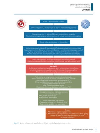 Arq Bras Cardiol: 2013; 101, (2 Supl. 3): 1-221
Diretrizes
I Diretriz de Ressuscitação Cardiopulmonar e
Cuidados Cardiovasculares de Emergência da
Sociedade Brasileira de Cardiologia
Figura 34 - Algoritmo do Tratamento da Parada Cardíaca em Fibrilação Ventricular/Taquicardia Ventricular sem Pulso.
25
 