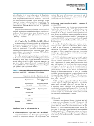 Arq Bras Cardiol: 2013; 101, (2 Supl. 3): 1-221
Diretrizes
I Diretriz de Ressuscitação Cardiopulmonar e
Cuidados Cardiovasculares de Emergência da
Sociedade Brasileira de Cardiologia
acima listados. Neste caso, independente do diagnóstico
eletrocardiográfico, a cardioversão elétrica sincronizada
deve ser prontamente instituída de modo a restaurar
um ritmo cardíaco organizado e com frequência menor
capaz de produzir débito cardíaco mais efetivo. Os
procedimentos para a realização de CARDIOVERSÃO
ELÉTRICA SINCRONIZADA estão descritos no capítulo de
Terapias Elétricas.
A seguir, descreveremos a abordagem das taquicardias
estáveis. Do ponto de vista de atendimento emergencial,
podemos dividi-las em dois tipos, de acordo com a
duração do complexo QRS: QRS estreito (< 120ms) e
QRS largo ( ≥120ms).
5.11.1. Taquicardias Com QRS Estreito (QRS <120ms)
As taquicardias de QRS estreito podem ser subdivididas,
de acordo com International Liaison Committee on
Resuscitation (ILCOR)412
, em irregulares como fibrilação
atrial (FA), flutter atrial e taquicardia atrial multifocal, ou
regulares como taquicardia por reentrada nodal (TRN),
taquicardia por reentrada átrio ventricular (TRAV), flutter
atrial e taquicardia atrial (TA).
Para melhor raciocínio terapêutico, também, é possível dividi-
las de acordo com a dependência do nó AV para seu início e
manutenção. Assim, temos as taquicardias em que o circuito da
arritmia utiliza o nó AV (TRN, TRAV, Taquicardia juncional) e as
que não o utilizam (taquicardia sinusal, TA, taquicardia atrial
multifocal, FA, flutter). A tabela 15 integra ambas as classificações
que apresenta aspecto puramente didático.
Tabela 25 – Classificação das taquiarritmias supraventriculares de
acordo com regularidade e trajeto pelo nó atrioventricular.
Independentes do nó AV Dependentes do nó AV
Regulares
Taquicardia sinusal
Taquicardia por reentrada
nodal
Taquicardia sinusal
inapropriada
Taquicardia por reentrada
átrio ventricular
Taquicardia por reentrada
sino nodal
Taquicardia juncional
Taquicardia atrial
Flutter
Irregulares
Taquicardia atrial
multifocal
Fibrilação atrial
Abordagem inicial na sala de emergência
A) Tratamento inicial das taquicardias com QRS estreito
Em pacientes estáveis, uma abordagem rápida e dirigida
visando ao diagnóstico genérico e à terapêutica é, na
maioria das vezes, suficiente para o cenário da sala de
emergência413-417
. O algoritmo para as taquiarritmias de QRS
estreito está sumarizado na figura 37.
B) Manobras vagais (manobra de valsalva e massagem do
seio carotídeo)
As manobras vagais são efetivas no tratamento das
taquicardias supraventriculares418,419
. Elas induzem uma
diminuição temporária da atividade do nó sinusal e da
condução do nó AV, por estimular barorreceptores da aorta
que, por sua vez, deflagram reflexo de aumento de reposta
vagal e diminuição de resposta simpática. Na massagem do
seio carotídeo (MSC), temos esse mesmo reflexo, deflagrado
pela pressão externa no bulbo carotídeo, estimulando seus
barorreceptores.
A manobra de valsalva exige que o paciente force a
expiração contra a glote fechada. Para tanto, deve-se colocar
o dorso da mão do paciente na boca de modo a evitar a
saída de ar, ocluir o nariz e colocar a mão do profissional
de saúde no abdome para criar resistência e, em seguida,
solicitar que o paciente faça o movimento de expiração
contra esta resistência420,421
.
A MSC é realizada com o paciente em posição supina,
com o pescoço hiperestendido. Antes do procedimento,
deve-se observar a presença de sopro carotídeo que é
uma contraindicação formal. Outras contraindicações
para MSC incluem: AVE ou AIT prévios (exceto se exame
de imagem de carótidas sem doença aterosclerótica),IAM
nos últimos 6 meses e história de arritmia ventricular
grave (TV/FV)422
. Realiza-se uma pressão estável em região
inferior ao ângulo da mandíbula, na altura da cartilagem
tireoidea, perto do pulso arterial carotídeo (localização do
seio carotídeo) por 5 a 10 segundos420,423
. Se não houver
uma resposta positiva, pode-se repetir a manobra do outro
lado, após 2 minutos.
A MSC é, em geral, segura e bem-tolerada. Porém podem
ocorrer algumas complicações: hipotensão importante,
bradicardia com BAV avançado e síncope, AVE, AIT
e arritmias. Assim, toda MSC deve ser realizada sob
monitorização eletrocardiográfica e pressórica. Por se tratar de
uma resposta fisiológica do tipo “tudo ou nada”, recomenda-se
que a massagem seja interrompida assim que for observado
início na redução na frequência cardíaca.
C) Adenosina
Adenosina é uma droga que diminui a condução pelo NAV
e que promove vasodilatação coronária424
. Possui meia-vida
de menos de 5 a 10 segundos, tendo assim, efeito fugaz,
porém efetivo no término da maioria das taquicardias de QRS
estreito425-428
. Efeitos colaterais podem ocorrer em até 60%
dos casos. Os principais efeitos colaterais da adenosina estão
listados na tabela 26429-431
. É importante orientar previamente
o paciente que poderá apresentar pressão torácica importante
com sensação de “morte iminente”, porém tais efeitos são
transitórios.
37
 
