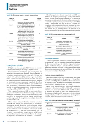 Arq Bras Cardiol: 2013; 101, (2 Supl. 3): 1-221
Diretrizes
I Diretriz de Ressuscitação Cardiopulmonar e
Cuidados Cardiovasculares de Emergência da
Sociedade Brasileira de Cardiologia
Tabela 33 – Orientações quanto à Terapaia Neuroprotetora
Classe de
recomendação
Indicação
Nível de
evidência
Classe I
Pacientes que não expressem respostas
adequadas aos comandos verbais e que
apresentem RCE, após PCR, no ritmo de TV/
FV, fora do ambiente hospitalar, devem ser
resfriados a 32° a 34°C, por 12 a 24 horas.
B
Classe IIb
Hipotermia induzida também pode
beneficiar pacientes adulto sem coma
com RCE, após PCR, fora do hospital a
partir de outros ritmos, como assistolia
ou atividade elétrica sem pulso, ou nas
paradas cardíacas intra-hospitalares.
B
Classe III
O reaquecimento ativo em pacientes
comatosos que, espontaneamente,
desenvolvam um leve grau de hipotermia
(>32ºC) após a reversão da PCR e durante
as primeiras 48 horas.
C
Classe I
Monitorizar a temperatura de todo paciente
após o RCE e intervir para que se evite a
hipertermia.
C
Classe I
Monitorização eletroencefalográfica
contínua ou frequente em pacientes
comatosos para o diagnóstico diferencial
de convulsões pós-PCR.
C
Classe IIb
Os anticonvulsivantes rotineiros podem
ser empregados, assim como seu uso
sequencial nos casos de convulsão
refratária pós-PCR.
C
6.5. Prognóstico após RCP
O objetivo das manobras após o RCE é oferecer aos pacientes
o mesmo nível de função neurológica pregressa na alta.
Não existem sinais neurológicos que possam prever pior
prognóstico neurológico nas primeiras 24 horas após a PCR.
Em adultos que permaneçam em coma após PCR, que não
tenham sido submetidos à hipotermia e que não tenham
outros fatores associados que possam provocar uma piora
da função neurológica (por exemplo, hipotensão, sedativos
ou bloqueadores neuromusculares), a ausência do reflexo
fotomotor e córneo-palpebral 72 horas após o RCE indica
mau prognóstico. Outros sinais clínicos, como mioclonias,
não são recomendados para predizer um pior prognóstico
neurológico (Classe III, Nível de evidência C).
Vinte e quatro horas após o RCE, na ausência de fatores
que possam interferir na avaliação neurológica (sedativos,
hipotensão, hipotermia, bloqueadores neuromusculares,
convulsões ou hipoxemia), pode-se realizar um EEG para
auxiliar na predição de prognóstico neurológico (Classe IIb,
Nível de evidência B).
Muitos estudos tentaram identificar pacientes comatosos
pós-PCR sem perspectivas de recuperação neurológica
significativa. Regras decisórias foram propostas para o
prognóstico de resultados ruins, porém as regras desenvolvidas
em anos anteriores foram estabelecidas com base em estudos
de pacientes pós-PCR que não foram tratados com HT.
Portanto, a observação por tempo superior a 72 horas é
recomendada naqueles submetidos à HT antes da avaliação
do prognóstico (Classe I, Nível de evidência C) (Tabela 34).
Identificar pacientes durante o período pós-PCR sem
potencial de recuperação neurológica é um grande desafio
clínico, o qual requer maior investigação. Aconselha-se
cautela nas considerações de limitar o cuidado ou suspender
a terapia de suporte de vida, especialmente, logo após o RCE.
Devido à necessidade crescente de tecidos e órgãos para
transplante, toda equipe de profissionais que tratar pacientes
pós-PCR deve implantar os procedimentos apropriados para
uma possível doação, em tempo hábil e de modo eficaz, de
acordo com a vontade do paciente e dos membros da família.
Tabela 34 – Orientações quanto ao prognóstico pós-PCR
Classe de
recomendação
Indicação
Nível de
evidência
Classe III
Sinais clínicos, como mioclonias, não
são recomendados para predizer um pior
prognóstico neurológico.
C
Classe IIb
Se realizar um EEG para auxiliar na
predição de prognóstico neurológico.
B
Classe I
A observação por tempo superior a
72 horas é recomendada naqueles
submetidos à HT antes da avaliação do
prognóstico.
C
6.6. Suporte Específico
Todos os órgãos estão em risco durante o período crítico
inicial após o RCE, e os pacientes apresentam alta probabilidade
de desenvolver disfunção de múltiplos órgãos. Portanto, o
objetivo imediato é adequar a perfusão sistêmica, restaurar a
homeostase metabólica e manter a função dos diversos órgãos,
desse modo, visando aumentar as possibilidades de sobrevida
sem danos neurológicos (Quadro 7).
Controle dos níveis glicêmicos
Deve ser considerado a partir de estratégias para tratar
a hiperglicemia, pois valores de glicemia >180mg/dl em
pacientes com RCE podem ser deletérios. Esse controle deve
ser realizado a partir de protocolos institucionais previamente
estabelecidos. A hipoglicemia deve ser evitada.
Dessa forma, estratégias para um controle glicêmico
moderado – glicemias entre 144 e 180mg/dl – podem ser
instituídas para adultos com RCE (Classe IIb, Nível de evidência
B). Tentativas de controle glicêmico com metas mais rígidas –
glicemias entre 80 a 110mg/dl – não devem ser implementadas
nesta população, devido a um maior risco de hipoglicemia
(Classe III, Nível de evidência B)501 (Tabela 35).
Tabela 35 – Orientações quanto ao Controle do Níveis Glicêmicos
Classe de
recomendação
Indicação
Nível de
evidência
Classe IIb
Controle glicêmico moderado – glicemias
entre 144 e 180mg/dl – podem ser
instituídas para adultos com RCE.
B
Classe III
Controle glicêmico com metas mais rígidas
– glicemias entre 80 a 110mg/dl.
B
50
 