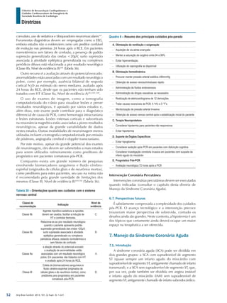 Arq Bras Cardiol: 2013; 101, (2 Supl. 3): 1-221
Diretrizes
I Diretriz de Ressuscitação Cardiopulmonar e
Cuidados Cardiovasculares de Emergência da
Sociedade Brasileira de Cardiologia
convulsão, uso de sedativos e bloqueadores neuromusculares547
.
Ferramentas diagnósticas devem ser empregadas como o EEG,
embora estudos não o evidenciem como um preditor confiável
de evolução nas primeiras 24 horas após o RCE. Em pacientes
normotérmicos sem fatores de confusão, a presença de padrão
supressão generalizada das ondas <20µV, surto supressão
associada à atividade epiléptica generalizada ou complexos
periódicos difusos está relacionada a pior resultado neurológico
(Classe IIb, Nível de evidência B)548
(Tabela 36).
Outro recurso é a avaliação através do potencial evocado;
anormalidades estão associadas com um resultado neurológico
pobre, como por exemplo, ausência bilateral de resposta
cortical N2
O ao estímulo do nervo mediano, avaliado após
24 horas do RCE, desde que os pacientes não tenham sido
tratados com HT (Classe IIa, Nível de evidência A)303,501,549
.
O uso de exames de imagem, como a tomografia
computadorizada do crânio para visualizar lesões e prever
resultados neurológicos, é apoiado por vários estudos e,
além disso, este exame pode contribuir para o diagnóstico
diferencial de causa da PCR, como hemorragia intracraniana
e lesões estruturais. Lesões extensas corticais e subcorticais
na ressonância magnética estão associadas a piores resultados
neurológicos, apesar da grande variabilidade de dados
nestes estudos. Outras modalidades de neuroimagem menos
utilizadas incluem a tomografia computadorizada por emissão
de pósitrons, angiografia cerebral e doppler transcraniano.
Por este motivo, apesar do grande potencial dos exames
de neuroimagem, eles devem ser submetidos a mais estudos
para serem utilizados rotineiramente como preditores de
prognóstico em pacientes comatosos pós-PCR.
Conquanto exista um grande número de pesquisas
envolvendo biomarcadores sanguíneos e fluido cérebro-
espinhal (originados de células gliais e de neurônios mortos),
como preditores para estes pacientes, seu uso na rotina não
é recomendado pela grande variedade de limitações dos
mesmos (Classe III, Nível de evidência B)549,550
(Tabela 36).
Tabela 36 – Orientações quanto aos cuidados com o sistema
nervoso central
Classe de
recomendação
Indicação
Nível de
evidência
Classe IIb
Agentes hipnótico-sedativos e opioides
devem ser usados, facilitar a indução de
HT e controlar tremores.
C
Classe IIb
Relaciona-se ao pior resultado neurológico
quando o paciente apresenta padrão
supressão generalizada das ondas <20µV,
surto supressão associada à atividade
epiléptica generalizada ou complexos
periódicos difusos, estando normotérmico e
sem fatores de confusão
B
Classe IIa
a aliação através do potencial evocado
e avaliação de anormalidades estão
associadas com um resultado neurológico
pobre. Em paxcientes não tratados com HT
e avaliado após 24 horas do RCE.
A
Classe III
Coleta de biomarcadores sanguíneos e
fluido cérebro-espinhal (originados de
células gliais e de neurônios mortos), como
preditores para prognóstico em pacientes
comatosos pós-PCR.
B
Quadro 8 – Resumo dos principais cuidados pós-parada
A.	Otimização da ventilação e oxigenação
-- Aquisição de via aérea avançada
-- Manter a saturação de oxigênio entre 94 e 99%
-- Evitar hiperventilação
-- Utilização de capnografia se disponível
B.	Otimização hemodinâmica
-- Procurar manter pressão arterial sistólica ≥90mmHg
-- Obtenção de acesso venoso/intraósseo rápido
-- Administração de fluidos endovenosos
-- Administração de drogas vasoativas se necessário
-- Realização de eletrocardiograma de 12 derivações
-- Tratar causas reversíveis de PCR: 5 “H”s e 5 “T”s
-- Monitorização de pressão arterial invasiva
-- Obtenção de acesso venoso central após a estabilização inicial do paciente
C.	Terapia Neuroprotetora
-- Considerar hipotermia para pacientes não responsivos
-- Evitar hipertermia
D.	Suporte de Órgãos Específicos
-- Evitar hipoglicemia
-- Considerar sedação após PCR em pacientes com disfunção cognitiva
-- Considerar investigação coronária invasiva em pacientes com suspeita de
infarto agudo do miocárdio
E.	Prognóstico Pós-PCR
-- Avaliação neurológica 72 horas após a PCR
Intervenção Coronária Percutânea
Intervenções coronárias percutâneas devem ser executadas
quando indicadas (consultar o capítulo desta diretriz de
Manejo da Síndrome Coronária Aguda).
6.7. Perspectivas futuras
É sabidamente comprovada a complexidade dos cuidados
pós-PCR. O avanço tecnológico e a intervenção precoce
trouxeram maior perspectiva de sobrevida, contudo os
desafios ainda são grandes. Neste contexto, a hipotermia é um
dos tópicos que certamente ainda deverá ocupar um maior
espaço na terapêutica a ser oferecida.
7. Manejo da Síndrome Coronária Aguda
7.1. Introdução
A síndrome coronária aguda (SCA) pode ser dividida em
dois grandes grupos: a SCA com supradesnível de segmento
ST (quase sempre um infarto agudo do miocárdio com
supradesnível de segmento ST, antigamente chamado de infarto
transmural); e a SCA sem supradesnível de segmento ST, que,
por sua vez, pode também ser dividida em angina instável
e infarto agudo do miocárdio (IAM) sem supradesnível de
segmento ST, antigamente chamado de infarto subendocárdico.
52
 