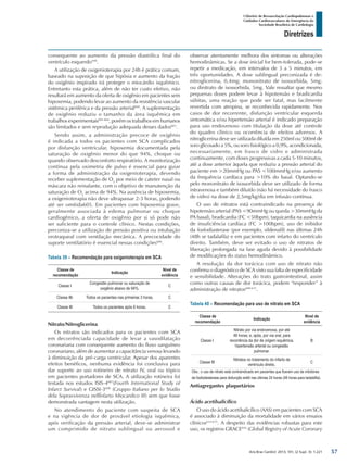 Arq Bras Cardiol: 2013; 101, (2 Supl. 3): 1-221
Diretrizes
I Diretriz de Ressuscitação Cardiopulmonar e
Cuidados Cardiovasculares de Emergência da
Sociedade Brasileira de Cardiologia
consequente ao aumento da pressão diastólica final do
ventrículo esquerdo599
.
A utilização de oxigenioterapia por 24h é prática comum,
baseado na suposição de que hipóxia e aumento da fração
do oxigênio inspirado irá proteger o miocárdio isquêmico.
Entretanto esta prática, além de não ter custo efetivo, não
resultará em aumento da oferta de oxigênio em pacientes sem
hipoxemia, podendo levar ao aumento da resistência vascular
sistêmica periférica e da pressão arterial600
. A suplementação
de oxigênio reduziu o tamanho da área isquêmica em
trabalhos experimentais601-604
, porém os trabalhos em humanos
são limitados e sem reprodução adequada desses dados601
.
Sendo assim, a administração precoce de oxigênio
é indicada a todos os pacientes com SCA complicados
por disfunção ventricular, hipoxemia documentada pela
saturação de oxigênio menor do que 94%, choque ou
quando observado desconforto respiratório. A monitorização
contínua pela oximetria de pulso é essencial para guiar
a forma de administração da oxigenioterapia, devendo
receber suplementação de O2
por meio de cateter nasal ou
máscara não reinalante, com o objetivo de manutenção da
saturação de O2
acima de 94%. Na ausência de hipoxemia,
a oxigenioterapia não deve ultrapassar 2-3 horas, podendo
até ser omitida605. Em pacientes com hipoxemia grave,
geralmente associada à edema pulmonar ou choque
cardiogênico, a oferta de oxigênio por si só pode não
ser suficiente para o controle clínico. Nestas condições,
preconiza-se a utilização de pressão positiva ou intubação
orotraqueal com ventilação mecânica. A precocidade do
suporte ventilatório é essencial nessas condições606
.
Tabela 39 – Recomendação para oxigenioterapia em SCA
Classe de
recomendação
Indicação
Nível de
evidência
Classe I
Congestão pulmonar ou saturação de
oxigênio abaixo de 94%.
C
Classe IIb Todos os pacientes nas primeiras 3 horas. C
Classe III Todos os pacientes após 6 horas. C
Nitrato/Nitroglicerina
Os nitratos são indicados para os pacientes com SCA
em decorrênciada capacidade de levar a vasodilatação
coronariana com consequente aumento do fluxo sanguíneo
coronariano, além de aumentar a capacitância venosa levando
à diminuição da pré-carga ventricular. Apesar dos aparentes
efeitos benéficos, nenhuma evidência foi conclusiva para
dar suporte ao uso rotineiro de nitrato IV, oral ou tópico
em pacientes portadores de SCA. A utilização rotineira foi
testada nos estudos ISIS-4607
(Fourth International Study of
Infarct Survival) e GISSI-3608
(Gruppo Italiano per lo Studio
dela Sopravvivenza nellÍnfarto Miocardico III) sem que fosse
demonstrada vantagem nesta utilização.
No atendimento do paciente com suspeita de SCA
e na vigência de dor de provável etiologia isquêmica,
após verificação da pressão arterial, deve-se administrar
um comprimido de nitrato sublingual ou aerossol e
observar atentamente melhora dos sintomas ou alterações
hemodinâmicas. Se a dose inicial for bem-tolerada, pode-se
repetir a medicação, em intervalos de 3 a 5 minutos, em
três oportunidades. A dose sublingual preconizada é de:
nitroglicerina, 0,4mg; mononitrato de isossorbida, 5mg;
ou dinitrato de isossorbida, 5mg. Vale ressaltar que mesmo
pequenas doses podem levar à hipotensão e bradicardia
súbitas, uma reação que pode ser fatal, mas facilmente
revertida com atropina, se reconhecida rapidamente. Nos
casos de dor recorrente, disfunção ventricular esquerda
sintomática e/ou hipertensão arterial é indicado preparação
para uso endovenoso com titulação da dose até controle
do quadro clínico ou ocorrência de efeitos adversos. A
nitroglicerina deve ser utilizada diluída em 250ml ou 500ml de
soro glicosado a 5%, ou soro fisiológico a 0,9%, acondicionada,
necessariamente, em frasco de vidro e administrada
continuamente, com doses progressivas a cada 5-10 minutos,
até a dose anterior àquela que reduziu a pressão arterial do
paciente em >20mmHg ou PAS <100mmHg e/ou aumento
da frequência cardíaca para >10% do basal. Optando-se
pelo mononitrato de isossorbida deve ser utilizado de forma
intravenosa e também diluído (não há necessidade do frasco
de vidro) na dose de 2,5mg/kg/dia em infusão contínua.
O uso de nitratos está contraindicado na presença de
hipotensão arterial (PAS <90mmHg ou queda >30mmHg da
PA basal), bradicardia (FC <50bpm), taquicardia na ausência
de insuficiência cardíaca (FC >100bpm), uso de inibidor
da fosfodiasterase (por exemplo, sildenafil) nas últimas 24h
(48h se tadalafila) e em pacientes com infarto do ventrículo
direito. Também, deve ser evitado o uso de nitratos de
liberação prolongada na fase aguda devido à possibilidade
de modificações do status hemodinâmico.
A resolução da dor torácica com uso de nitrato não
confirma o diagnóstico de SCA visto sua falta de especificidade
e sensibilidade. Alterações do trato gastrointestinal, assim
como outras causas de dor torácica, podem “responder” à
administração de nitratos609-611
.
Tabela 40 – Recomendação para uso de nitrato em SCA
Classe de
recomendação
Indicação
Nível de
evidência
Classe I
Nitrato por via endovenosa, por até
48 horas; e, após, por via oral, para
recorrência da dor de origem isquêmica,
hipertensão arterial ou congestão
pulmonar.
B
Classe III
Nitratos no tratamento do infarto de
ventrículo direito.
C
Obs.: o uso de nitrato está contraindicado em pacientes que fizeram uso de inibidores
da fosfodiesterase para disfunção erétil nas últimas 24 horas (48 horas para tadalafila).
Antiagregantes plaquetários
Ácido acetilsalicílico
O uso do ácido acetilsalicílico (AAS) em pacientes com SCA
é associado à diminuição da mortalidade em vários ensaios
clínicos612-615
. A despeito das evidências robustas para este
uso, os registros GRACE616
(Global Registry of Acute Coronary
57
 