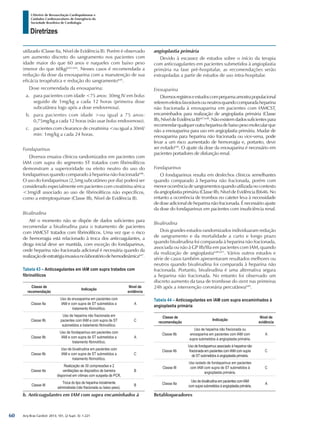 Arq Bras Cardiol: 2013; 101, (2 Supl. 3): 1-221
Diretrizes
I Diretriz de Ressuscitação Cardiopulmonar e
Cuidados Cardiovasculares de Emergência da
Sociedade Brasileira de Cardiologia
utilizado (Classe IIa, Nível de Evidência B). Porém é observado
um aumento discreto do sangramento nos pacientes com
idade maior do que 60 anos e naqueles com baixo peso
(menor do que 60kg)642-644
. Nesses casos é recomendada a
redução da dose da enoxaparina com a manutenção de sua
eficácia terapêutica e redução do sangramento645
.
Dose recomendada da enoxaparina:
a.	 para pacientes com idade <75 anos: 30mg IV em bolus
seguido de 1mg/kg a cada 12 horas (primeira dose
subcutânea logo após a dose endovenosa).
b.	 para pacientes com idade >ou igual a 75 anos:
0,75mg/kg a cada 12 horas (não usar bolus endovenoso).
c.	 pacientes com clearance de creatinina <ou igual a 30ml/
min: 1mg/kg a cada 24 horas.
Fondaparinux
Diversos ensaios clínicos randomizados em pacientes com
IAM com supra do segmento ST tratados com fibrinolíticos
demonstram a superioridade ou efeito neutro do uso do
fondaparinux quando comparado à heparina não fracionada646
.
O uso do fondaparinux (2,5mg subcutâneo por dia) poderá ser
considerado especialmente em pacientes com creatinina sérica
<3mg/dl associado ao uso de fibrinolíticos não específicos,
como a estreptoquinase (Classe IIb, Nível de Evidência B).
Bivalirudina
Até o momento não se dispõe de dados suficientes para
recomendar a bivalirudina para o tratamento de pacientes
com IAMCST tratados com fibrinolíticos. Uma vez que o risco
de hemorragia está relacionado à troca dos anticoagulantes, a
droga inicial deve ser mantida, com exceção do fondaparinux,
onde heparina não fracionada adicional é necessária quando da
realizaçãodeestratégiainvasivanolaboratóriodehemodinâmica647
.
Tabela 43 – Anticoagulantes em IAM com supra tratados com
fibrinolíticos
Classe de
recomendação
Indicação
Nível de
evidência
Classe IIa
Uso de enoxaparina em pacientes com
IAM e com supra de ST submetidos a
tratamento fibrinolítico.
A
Classe IIb
Uso de heparina não fracionada em
pacientes com IAM e com supra de ST
submetidos a tratamento fibrinolítico.
C
Classe IIb
Uso de fondaparinux em pacientes com
IAM e com supra de ST submetidos a
tratamento fibrinolítico.
A
Classe IIb
Uso de bivalirudina em pacientes com
IAM e com supra de ST submetidos a
tratamento fibrinolítico.
C
Classe IIa
Realização de 30 compressões e 2
ventilações se dispositivo de barreira
disponível em vítimas com suspeita de PCR.
B
Classe III
Troca do tipo de heparina inicialmente
administrada (não fracionada ou baixo peso).
B
b. Anticoagulantes em IAM com supra encaminhados à
angioplastia primária
Devido à escassez de estudos sobre o início da terapia
com anticoagulantes em pacientes submetidos à angioplastia
primária na fase pré-hospitalar, as recomendações serão
extrapoladas a partir de estudos de uso intra-hospitalar.
Enoxaparina
Diversosregistroseestudoscompequenaamostrapopulacional
referemefeitosfavoráveisouneutrosquandocomparadaheparina
não fracionada à enoxaparina em pacientes com IAMCST,
encaminhados para realização de angioplastia primária (Classe
IIb,NíveldeEvidênciaB)647,648
.Nãoexistemdadossuficientespara
recomendarqualqueroutraheparinadebaixopesomolecularque
não a enoxaparina para uso em angioplastia primária. Mudar de
enoxaparina para heparina não fracionada ou vice-versa, pode
levar a um risco aumentado de hemorragia e, portanto, deve
ser evitado636
. O ajuste da dose da enoxaparina é necessário em
pacientes portadores de disfunção renal.
Fondaparinux
O fondaparinux resulta em desfechos clínicos semelhantes
quando comparado à heparina não fracionada, porém com
menorocorrênciadesangramentosquandoutilizadanocontexto
da angioplastia primária (Classe IIb, Nível de Evidência B)646. No
entanto a ocorrência de trombos no cateter leva à necessidade
dedoseadicionaldeheparinanãofracionada.Énecessárioajuste
da dose do fondaparinux em pacientes com insuficiência renal.
Bivalirudina
Dois grandes estudos randomizados individuaram redução
de sangramento e da mortalidade a curto e longo prazo
quando bivalirudina foi comparada à heparina não fracionada,
associada ou não à GP IIb/IIIa em pacientes com IAM, quando
da realização de angioplastia648-651
. Vários outros estudos e
série de casos também apresentaram resultados melhores ou
neutros quando bivalirudina foi comparada à heparina não
fracionada. Portanto, bivalirudina é uma alternativa segura
a heparina não fracionada. No entanto foi observado um
discreto aumento da taxa de trombose do stent nas primeiras
24h após a intervenção coronária percutânea649
.
Tabela 44 – Anticoagulantes em IAM com supra encaminhados à
angioplastia primária
Classe de
recomendação
Indicação
Nível de
evidência
Classe IIb
Uso de heparina não fracionada ou
enoxaparina em pacientes com IAM com
supra submetidos à angioplastia primária.
A
Classe IIb
Uso de fondaparinux associado à heparina não
fracionada em pacientes com IAM com supra
de ST submetidos à angioplastia primária.
C
Classe III
Uso isolado de fondaparinux em pacientes
com IAM com supra de ST submetidos à
angioplastia primária.
C
Classe IIa
Uso de bivalirudina em pacientes com IAM
com supra submetidos à angioplastia primária.
A
Betabloqueadores
60
 