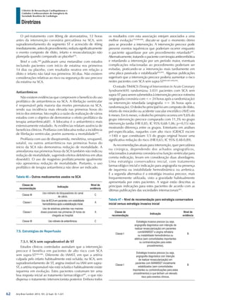Arq Bras Cardiol: 2013; 101, (2 Supl. 3): 1-221
Diretrizes
I Diretriz de Ressuscitação Cardiopulmonar e
Cuidados Cardiovasculares de Emergência da
Sociedade Brasileira de Cardiologia
O pré-tratamento com 80mg de atorvastatina, 12 horas
antes da intervenção coronária percutânea na SCA, sem
supradesnivelamento do segmento ST e acrescido de 40mg
imediatamente,antesdoprocedimento,reduziusignificativamente
o evento composto de óbito, infarto e revascularização não
planejada quando comparado ao placebo670
.
Briel e cols.680
publicaram uma metanálise com estudos
incluindo pacientes com início de estatina nos primeiros
14 dias ou placebo, com resultados neutros em relação a
óbito e infarto não fatal nos primeiros 30 dias. Não existem
considerações relativas ao risco ou segurança do uso precoce
da estatina na SCA.
Antiarrítmicos
Não existem evidências que comprovem o benefício do uso
profilático de antiarrítmicos na SCA. A fibrilação ventricular
é responsável pela maioria das mortes prematuras na SCA,
sendo sua incidência mais elevada nas primeiras horas do
início dos sintomas. Isto explica a razão da realização de vários
estudos com o objetivo de demonstrar o efeito profilático da
terapia antiarrítmica681. A lidocaína é o antiarrítmico mais
extensivamente estudado. As evidências relatam ausência de
benefícios clínicos. Profilaxia com lidocaína reduz a incidência
de fibrilação ventricular, porém aumenta a mortalidade682
.
Profilaxia com uso de disopiramida, mexiletina, verapamil,
sotalol, ou outros antiarrítmicos nas primeiras horas do
início da SCA não demonstrou redução de mortalidade. A
amiodarona nas primeiras horas da SCA também não indicou
redução de mortalidade, sugerindo efeitos deletérios em altas
doses683. O uso de magnésio profilaticamente igualmente
não apresentou redução de mortalidade. Portanto, o uso
profilático de terapia antiarrítmica não deve ser indicado.
Tabela 46 – Outros medicamentos usados na SCA
Classe de
recomendação
Indicação
Nível de
evidência
Classe III
Uso rotineiro de bloqueadores do canal
de cálcio.
C
Classe I
Uso de IECAem pacientes com estabilidade
hemodinâmica após a estabilização inicial.
A
Classe I
Uso de estatinas potentes nas maiores
doses possíveis nas primeiras 24 horas da
chegada ao hospital.
A
Classe III Uso rotineiro de antiarrítmicos. C
7.5. Estratégias de Reperfusão
7.5.1. SCA sem supradesnível de ST
Estudos clínicos controlados assinalam que a intervenção
precoce é benéfica em pacientes de alto risco com SCA
sem supra-ST684-686
. Diferente do IAMST, em que a artéria
culpada pelo infarto habitualmente está ocluída; na SCA, sem
supradesnivelamento de ST, angina instável ou IAM sem supra-
ST, a artéria responsável não está ocluída e habitualmente existe
isquemia em evolução. Estes pacientes costumam ter uma
boa resposta inicial ao tratamento farmacológico687
, o que não
dispensa o tratamento intervencionista posterior. Embora todos
os resultados com esta associação estejam associados a uma
melhor evolução576,688-690
, discute-se qual o momento ótimo
para se proceder a intervenção. A intervenção precoce pode
prevenir eventos isquêmicos que poderiam ocorrer enquanto
o paciente aguardasse por um procedimento retardado691
.
Alternativamente,tratandoopacientecomterapiaantitrombótica
e retardando a intervenção por um período maior, eventuais
complicações relacionadas ao procedimento poderiam ser
evitadas, praticando-se a intervenção mais tardiamente em
uma placa passivada e estabilizada692,693
. Algumas publicações
sugeriram que a intervenção precoce poderia aumentar o risco
nestes pacientes com SCA sem supra-ST685,687,690,694
.
O estudo TIMACS (Timing of Intervention in Acute Coronary
Syndrome)695 randomizou 3.031 pacientes com SCA sem
supra-ST para serem submetidos à intervenção precoce rotineira
(angiografia coronária com <= 24 horas após a randomização)
ou intervenção retardada (angiografia >= 36 horas após a
randomização). O desfecho principal foi um composto de óbito,
infarto do miocárdio ou acidente vascular encefálico (AVE) em
6 meses. Em 6 meses, o desfecho primário ocorreu em 9,6% do
grupo intervenção precoce comparado com 11,3% no grupo
intervenção tardia (HR 0,85; IC 95% 0,68-1,06; p=0,15) não
mostrando diferença entre os grupos. Entretanto em análises
pré-especificadas, naqueles com alto risco (GRACE escore
>140) e que constituíam 1/3 do grupo original houve uma
significativa redução do risco (HR 0,65; IC 95% 0,48-0,89).
As recomendações atuais para intervenção, quer percutânea
ou cirúrgica, dependendo dos achados angiográficos,
relacionados à anatomia coronária e/ou função ventricular para
correta indicação, levam em consideração duas abordagens.
Uma estratégia conservadora inicial, com tratamento
farmacológico inicial e indicação para angiografia na presença
de isquemia ou instabilidade hemodinâmica ou arrítmica.
E a segunda alternativa é a estratégia invasiva precoce, mais
frequentemente utilizada, visto a gravidade habitualmente
apresentada por estes pacientes. A seguir estão descritas as
principais indicações para estes pacientes de acordo com as
últimas publicações das sociedades internacionais581
.
Tabela 47 – Nível de recomendação para estratégia conservadora
inicial versus estratégia invasiva inicial
Classe de
recomendação
Indicação
Nível de
evidência
Classe I
Estratégia invasiva precoce (ou seja,
angiografia diagnóstica com intenção de
realizar revascularização) em pacientes
comAI/IAMSST e angina refratária
ou instabilidade hemodinâmica ou
elétrica (sem comorbidades importantes
ou contraindicações para estes
procedimentos).
B
Classe I
Estratégia invasiva precoce (ou seja,
angiografia diagnóstica com intenção
de realizar revascularização) em
pacientes com AI/IAMSST inicialmente
estabilizados (sem comorbidades
importantes ou contraindicações para estes
procedimentos) e que tenham um elevado
risco para eventos clínicos.
B
62
 