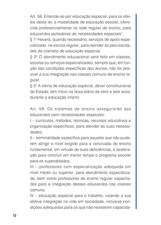 •   Art. 58. Entende-se por educação especial, para os efei-
         tos desta lei, a modalidade de educação escolar, ofere-
         cida preferencialmente na rede regular de ensino, para
         educandos portadores de necessidades especiais”.
         § 1º Haverá, quando necessário, serviços de apoio espe-
         cializado, na escola regular, para atender às peculiarida-
         des da clientela de educação especial.
         § 2º O atendimento educacional será feito em classes,
         escolas ou serviços especializados, sempre que, em fun-
         ção das condições específicas dos alunos, não for pos-
         sível a sua integração nas classes comuns de ensino re-
         gular.
         § 3º A oferta de educação especial, dever constitucional
         do Estado, tem início na faixa etária de zero a seis anos,
         durante a educação infantil.

     •   Art. 59. Os sistemas de ensino assegurarão aos
         educandos com necessidades especiais:
         I – currículos, métodos, técnicas, recursos educativos e
         organização específicos, para atender às suas necessi-
         dades;
         II – terminalidade específica para aqueles que não pude-
         rem atingir o nível exigido para a conclusão do ensino
         fundamental, em virtude de suas deficiências, e acelera-
         ção para concluir em menor tempo o programa escolar
         para os superdotados;
         III – professores com especialização adequada em
         nível médio ou superior, para atendimento especializa-
         do, bem como professores do ensino regular capacita-
         dos para a integração desses educandos nas classes
         comuns;
         IV – educação especial para o trabalho, visando a sua
         efetiva integração na vida em sociedade, inclusive con-
         dições adequadas para os que não revelarem capacida-

12
 