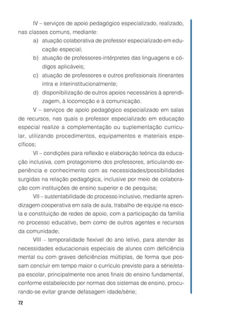 IV – serviços de apoio pedagógico especializado, realizado,
nas classes comuns, mediante:
      a) atuação colaborativa de professor especializado em edu-
           cação especial;
      b) atuação de professores-intérpretes das linguagens e có-
           digos aplicáveis;
      c) atuação de professores e outros profissionais itinerantes
           intra e interinstitucionalmente;
      d) disponibilização de outros apoios necessários à aprendi-
           zagem, à locomoção e à comunicação.
      V – serviços de apoio pedagógico especializado em salas
de recursos, nas quais o professor especializado em educação
especial realize a complementação ou suplementação curricu-
lar, utilizando procedimentos, equipamentos e materiais espe-
cíficos;
      VI – condições para reflexão e elaboração teórica da educa-
ção inclusiva, com protagonismo dos professores, articulando ex-
periência e conhecimento com as necessidades/possibilidades
surgidas na relação pedagógica, inclusive por meio de colabora-
ção com instituições de ensino superior e de pesquisa;
      VII – sustentabilidade do processo inclusivo, mediante apren-
dizagem cooperativa em sala de aula, trabalho de equipe na esco-
la e constituição de redes de apoio, com a participação da família
no processo educativo, bem como de outros agentes e recursos
da comunidade;
      VIII – temporalidade flexível do ano letivo, para atender às
necessidades educacionais especiais de alunos com deficiência
mental ou com graves deficiências múltiplas, de forma que pos-
sam concluir em tempo maior o currículo previsto para a série/eta-
pa escolar, principalmente nos anos finais do ensino fundamental,
conforme estabelecido por normas dos sistemas de ensino, procu-
rando-se evitar grande defasagem idade/série;
72
 