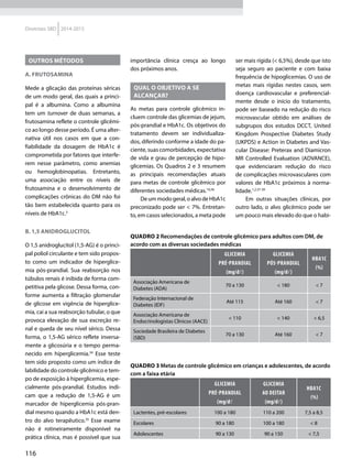 116
Diretrizes SBD 2014-2015
Outros métodos
A. Frutosamina
Mede a glicação das proteínas séricas
de um modo geral, das quais a princi-
pal é a albumina. Como a albumina
tem um turnover de duas semanas, a
frutosamina reflete o controle glicêmi-
co ao longo desse período. É uma alter-
nativa útil nos casos em que a con­
fiabilidade da dosagem de HbA1c é
comprometida por fatores que interfe-
rem nesse parâmetro, como anemias
ou hemoglobinopatias. Entretanto,
uma associação entre os níveis de
frutosamina e o desenvolvimento de
complicações crônicas do DM não foi
tão bem estabelecida quanto para os
níveis de HbA1c.3
B. 1,5 anidroglucitol
O 1,5 anidroglucitol (1,5-AG) é o princi-
pal poliol circulante e tem sido propos-
to como um indicador de hiperglice-
mia pós-prandial. Sua reabsorção nos
túbulos renais é inibida de forma com-
petitiva pela glicose. Dessa forma, con-
forme aumenta a filtração glomerular
de glicose em vigência de hiperglice-
mia, cai a sua reabsorção tubular, o que
provoca elevação de sua excreção re-
nal e queda de seu nível sérico. Dessa
forma, o 1,5-AG sérico reflete inversa-
mente a glicosúria e o tempo perma-
necido em hiperglicemia.34
Esse teste
tem sido proposto como um índice de
labilidade do controle glicêmico e tem-
po de exposição à hiperglicemia, espe-
cialmente pós-prandial. Estudos indi-
cam que a redução de 1,5-AG é um
marcador de hiperglicemia pós-pran-
dial mesmo quando a HbA1c está den-
tro do alvo terapêutico.35
Esse exame
não é rotineiramente disponível na
prática clínica, mas é possível que sua
importância clínica cresça ao longo
dos próximos anos.
Qual o objetivo a se
alcançar?
As metas para controle glicêmico in-
cluem controle das glicemias de jejum,
pós-prandial e HbA1c. Os objetivos do
tratamento devem ser individualiza-
dos, diferindo conforme a idade do pa-
ciente, suas comorbidades, expectativa
de vida e grau de percepção de hipo-
glicemias. Os Quadros 2 e 3 resumem
as principais recomendações atuais
para metas de controle glicêmico por
diferentes sociedades médicas.10,36
De um modo geral, o alvo de HbA1c
preconizado pode ser < 7%. Entretan-
to, em casos selecionados, a meta pode
Quadro 2 Recomendações de controle glicêmico para adultos com DM, de
acordo com as diversas sociedades médicas
Glicemia
pré-prandial
(mg/d)
Glicemia
pós-prandial
(mg/d)
HbA1c
(%)
Associação Americana de
Diabetes (ADA)
70 a 130 < 180 < 7
Federação Internacional de
Diabetes (IDF)
Até 115 Até 160 < 7
Associação Americana de
Endocrinologistas Clínicos (AACE)
< 110 < 140 < 6,5
Sociedade Brasileira de Diabetes
(SBD)
70 a 130 Até 160 < 7
Quadro 3 Metas de controle glicêmico em crianças e adolescentes, de acordo
com a faixa etária
Glicemia
pré-prandial
(mg/d
Glicemia
ao deitar
(mg/d)
HbA1c
(%)
Lactentes, pré-escolares 100 a 180 110 a 200 7,5 a 8,5
Escolares 90 a 180 100 a 180 < 8
Adolescentes 90 a 130 90 a 150 < 7,5
ser mais rígida (< 6,5%), desde que isto
seja seguro ao paciente e com baixa
frequência de hipoglicemias. O uso de
metas mais rígidas nestes casos, sem
doença cardiovascular e preferencial-
mente desde o início do tratamento,
pode ser baseado na redução do risco
microvascular obtido em análises de
subgrupos dos estudos DCCT, United
Kingdom Prospective Diabetes Study
(UKPDS) e Action in Diabetes and Vas-
cular Disease: Preterax and Diamicron
MR Controlled Evaluation (ADVANCE),
que evidenciaram redução do risco
de complicações microvasculares com
valores de HbA1c próximos à norma­
lidade.1,2,37-39
Em outras situações clínicas, por
outro lado, o alvo glicêmico pode ser
um pouco mais elevado do que o habi-
 